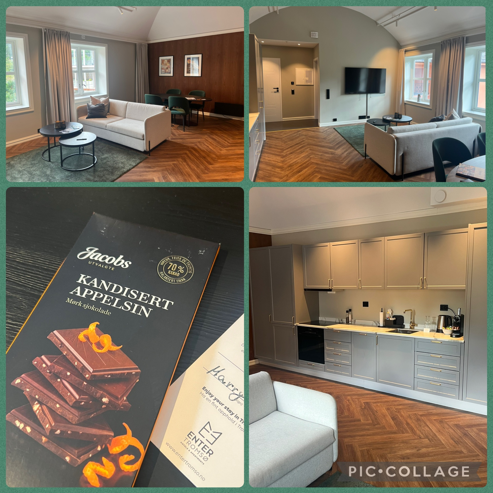 A nice hotel suite and complimentary chocolate. 
