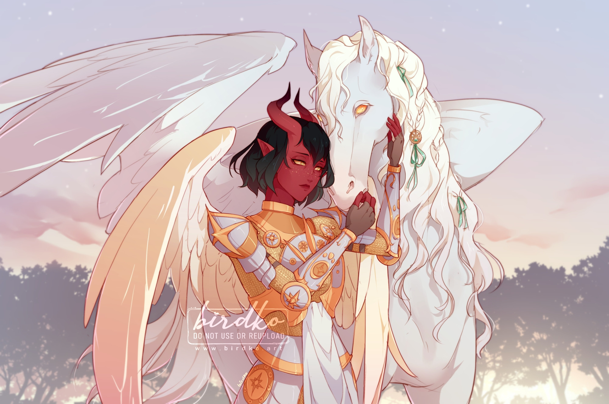 A coloured and rendered sketch illustration of Ellia, a tiefling paladin with red skin and short black hair, embracing the muzzle of her white pegasus companion, Snowdrop. Ellia has pale wings that reflect the colours of the dawn sky, and she wears bright gold and pale silver armour with solar motifs. Her expression is pensive. Snowdrop has one wing raised protectively over her and is turning towards her; her wavy white mane is braided with green ribbons and a charm with the holy symbol of Lathander. Both characters belong to tieflingpaladin on Bluesky.