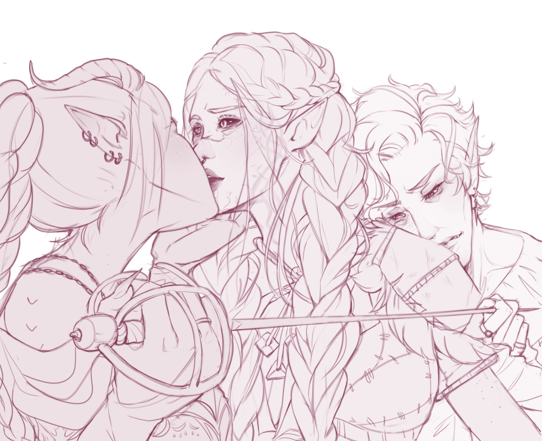 Sketch of Ryn, Lyra and Astarion referencing a picture of Anne Hathaway in Twelfth Night. Ryn cups Lyra's face as she kisses her and holds a rapier pointed at Astarion, who slumps against Lyra's shoulder.