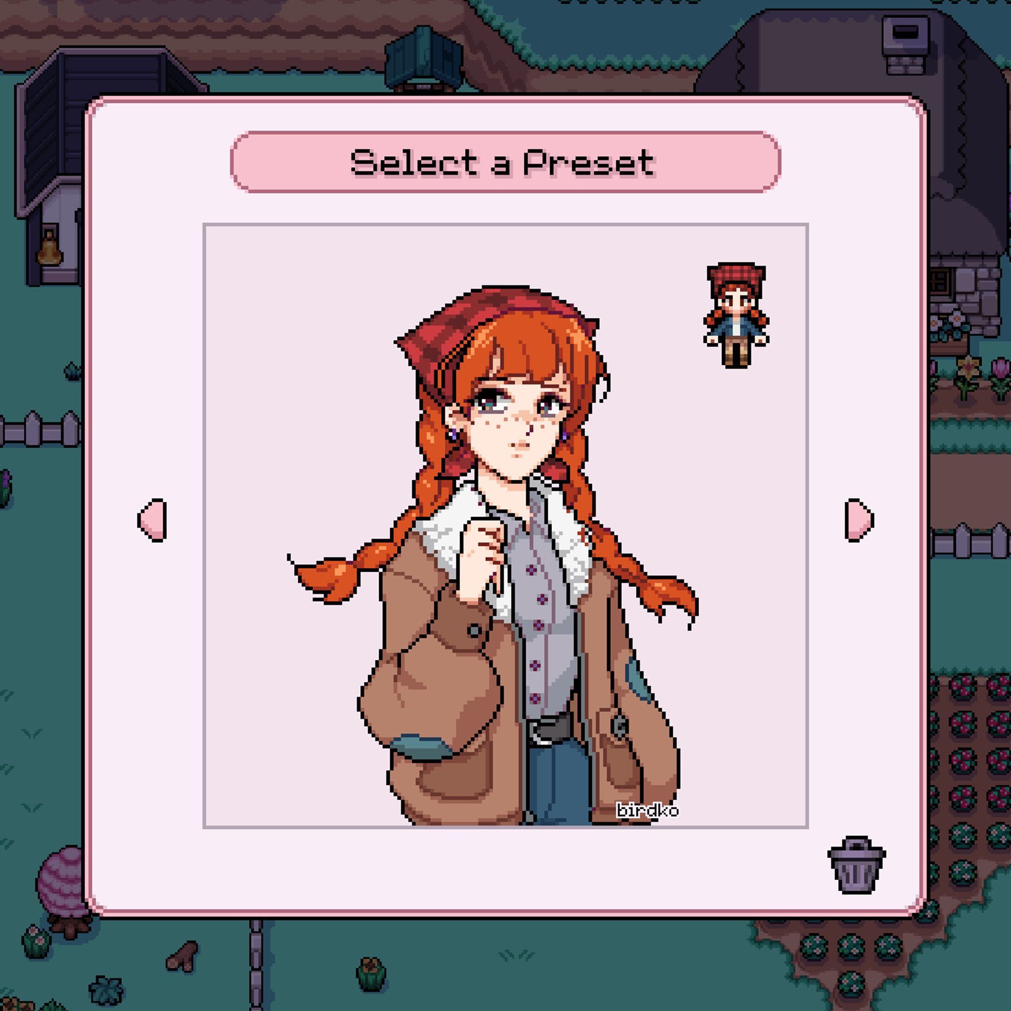 A fake screenshot from the game Fields of Mistria showing a menu titled 'Select a Preset'. The same character as a pixel art talk sprite and a tiny overworld sprite.
The character is a freckled redhead girl with long hair in two braids and bangs. She's wearing an autumnal outfit consisting of a brown shearling coat over a grey button-up and jeans, small blackberry earrings and a red and black gingham scard on her head.