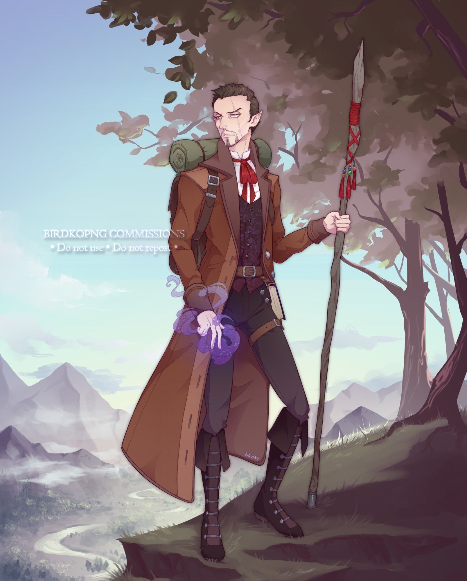 Full-body illustration of Spiro, a half-elf with pale skin and short brown hair and beard. He has a scar running from his hairline to his chin and through his left eye, which is white. The other eye is green. He wears fine clothes underneath a long leather trench coat; on his back he has a backpack with a bedroll. He's holding a wooden staff and summoning a swirl of purple magic around his other hand, as he looks over his shoulder with a displeased expression. 
He is standing on a grassy hill. Behind him, a sunlit landscape with a winding river and distant mountains is visible. Ahead of him on the hill is a shadowy thicket of trees.