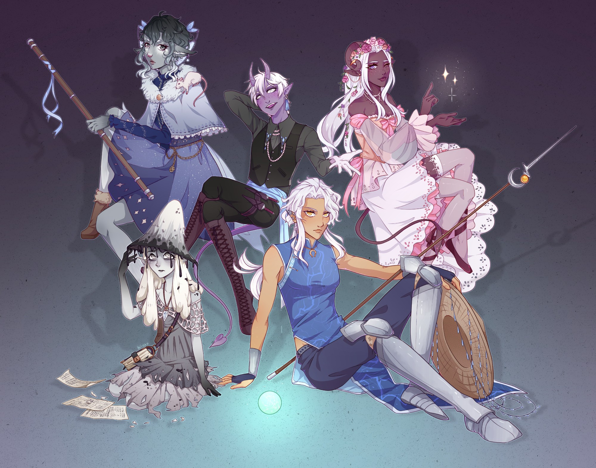 Group artwork of a D&D party comprised of Fenne, a firbolg druid, Dusk, a tiefling warlock, Eden, a tiefling bard, Oriyanna, a gnome wizard, and Wren, a half-elf cleric. They are sitting around a glowing magical orb.