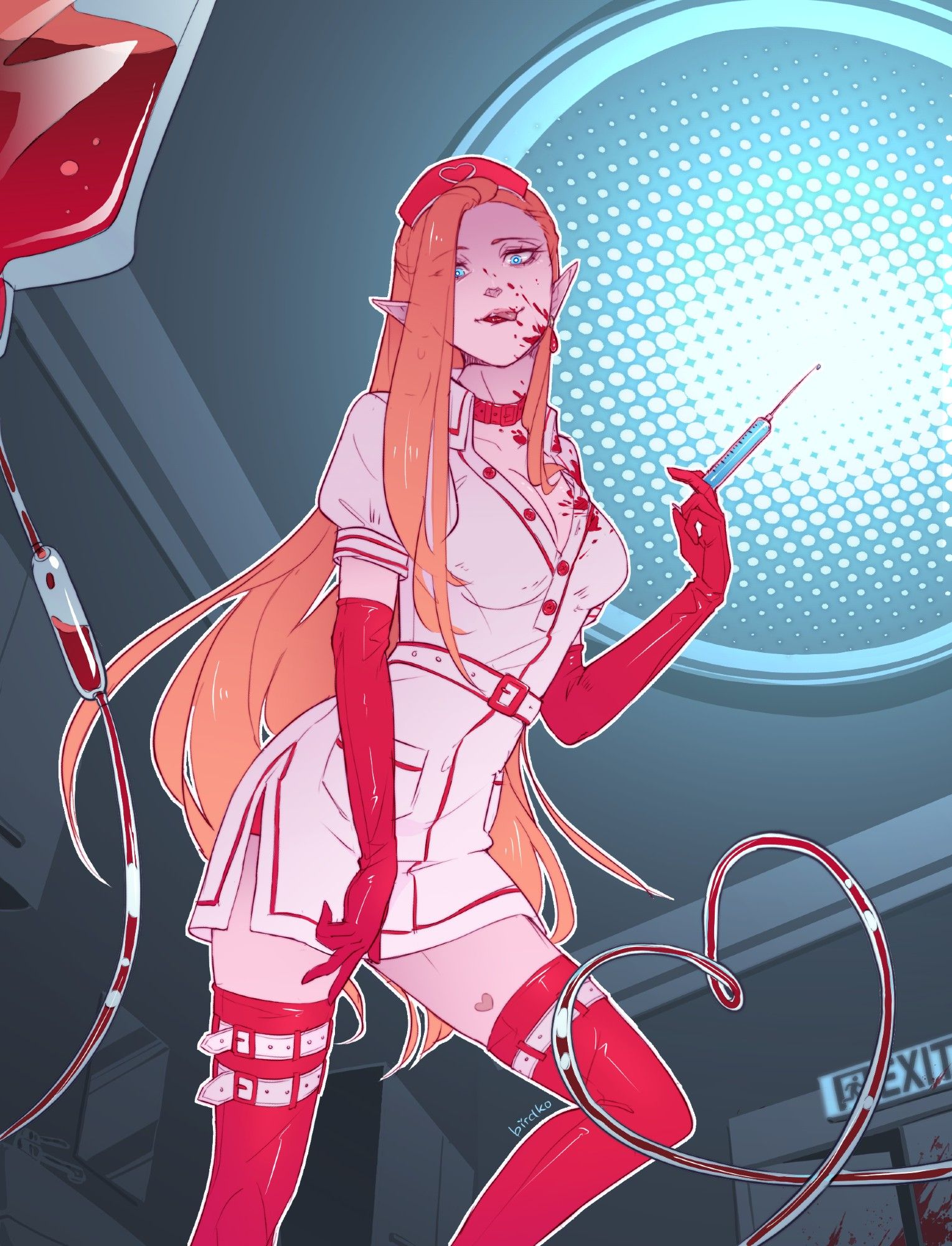 Coloured sketch artwork of Alexa in a Halloween-like sexy nurse costume with a short white dress and red latex gloves and thigh high boots. She's standing over the viewer with a creepy expression, holding a syringe filled with bright blue liquid the same colour of her eyes as she licks blood splattered on her face. The background is a hospital room; in the corner there is a door marked with an 'Exit' sign, slightly ajar and also splattered with blood. In the foreground there's a blood bag connected to an IV tube twisting into the shape of a heart.