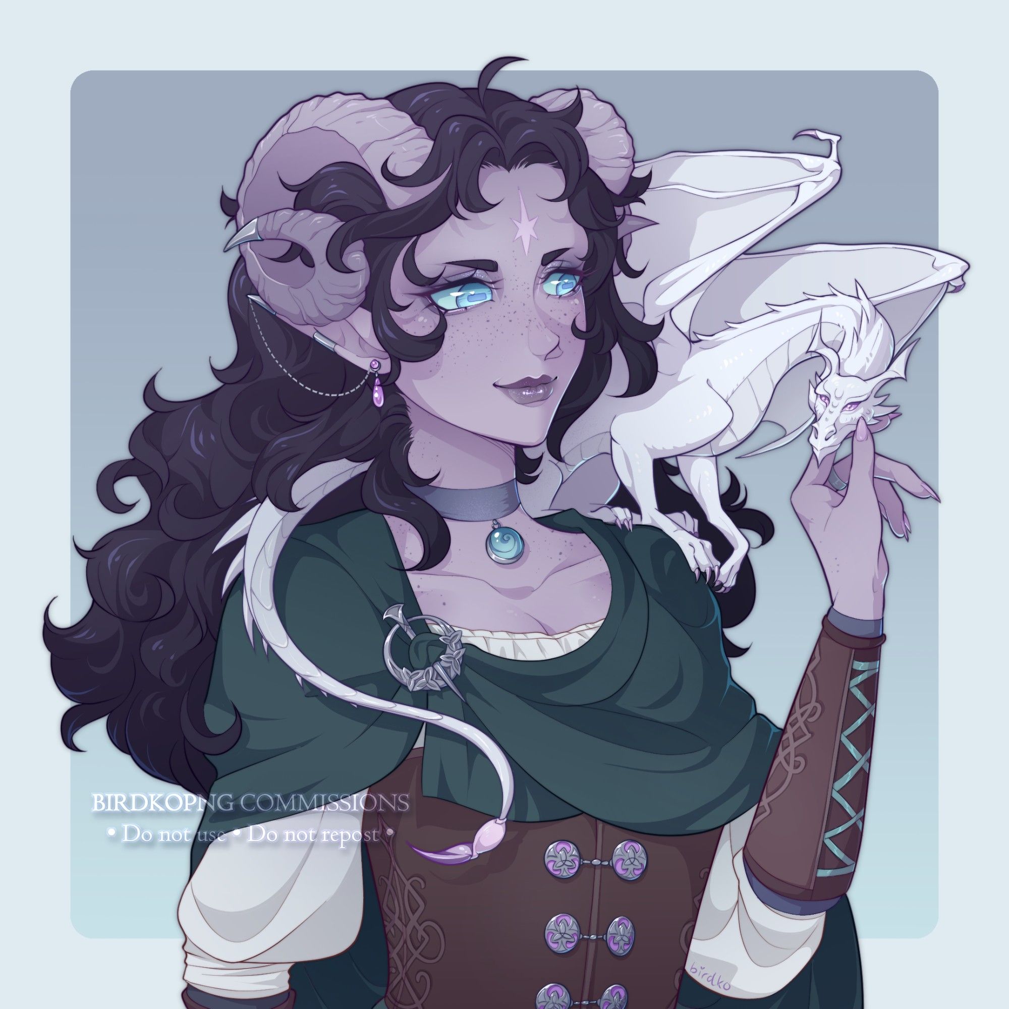 Bust artwork of Angharad, a tiefling woman with pale lilac skin, curly dark hair, ram's horns and blue eyes with horizontal irises. She's wearing adventurer attire with a sea green cloak fastened with a silver brooch and is petting the white pseudodragon familiar perched on her shoulder.