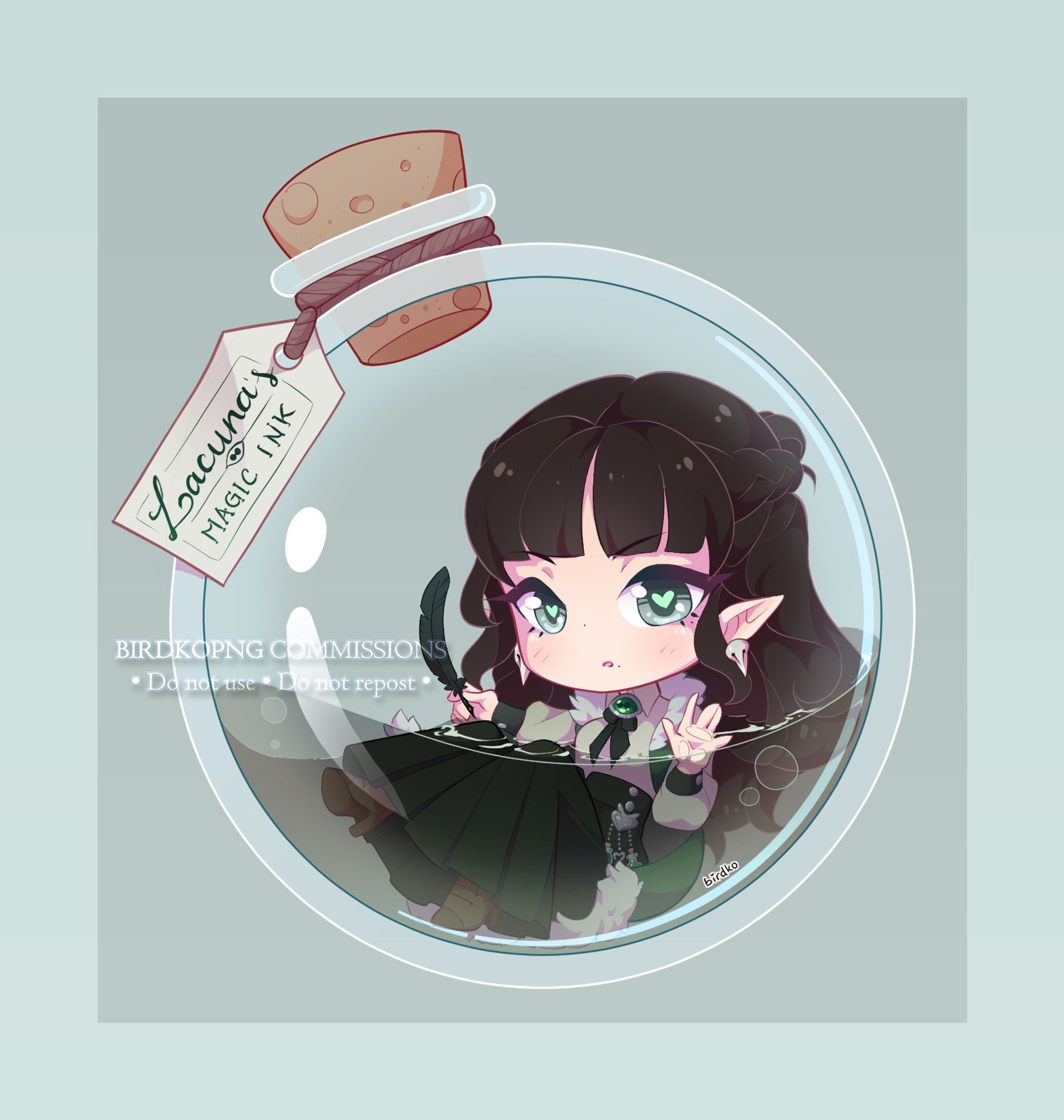 Artwork of a chibi girl (Lacuna) inside a round corked potion bottle, half-filled with a translucent black liquid. She has wavy black hair with bangs, grey eyes and a green fur trimmed cloak over a blouse and long pleated skirt. She's holding a black quill and has a surprised expression. The bottle is labelled "Lacuna's Magic Ink".