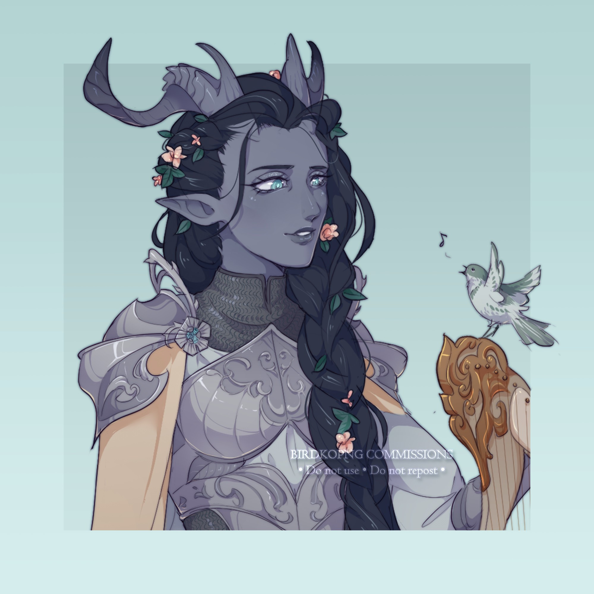 Rendered bust sketch of Ingrid, a tiefling woman with steel blue skin and long black hair in a braid. She wears silver plate armour decorated with floral motifs and a pale yellow cape. She's sitting down with one hand over her gilded ivory harp, on top of which a songbird is perched, singing. She's looking at it with a gentle smile.