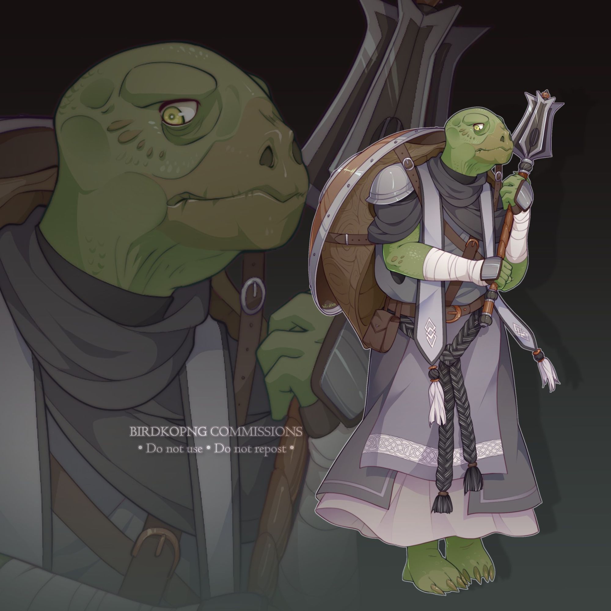 Full colour illustration of Uppa, a tortle, looking fearfully to the side as he clasps a mace with both hands. He wears layered robes in tones of greys and black, and carries a round shield strapped to his shell.