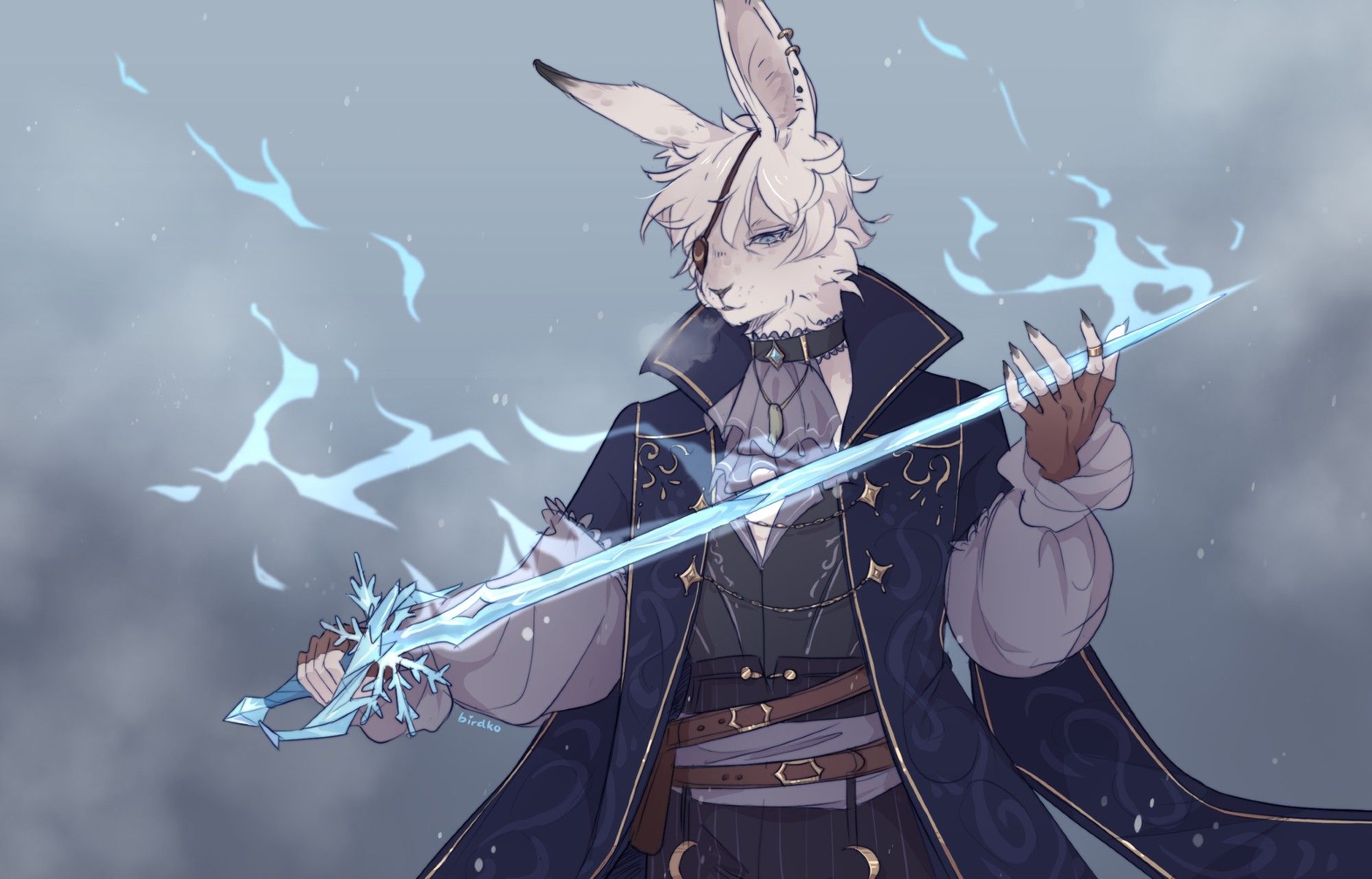 Half-body artwork of Hunter, a harengon dressed in ornate dark blue clothes, holding a rapier made of ice with a snowflake crossguard. Blue magic wisps float off of the blade. Hunter has the white fur of an arctic hare and wears an eyepatch over his right eye.
Hunter belongs to clownrat on Artfight.
