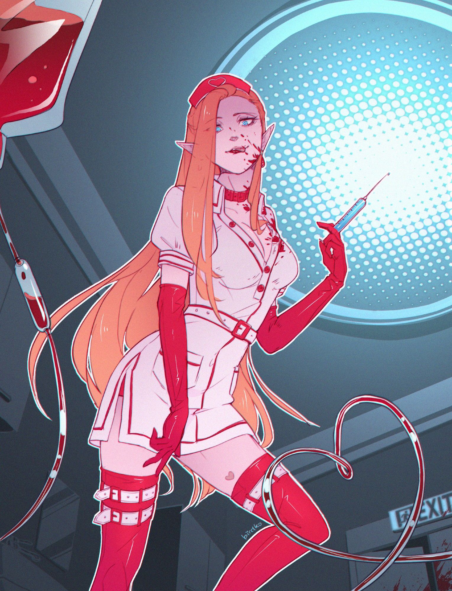 Coloured sketch artwork of Alexa in a Halloween-like sexy nurse costume with a short white dress and red latex gloves and thigh high boots. She's standing over the viewer with a creepy expression, holding a syringe filled with bright blue liquid the same colour of her eyes as she licks blood splattered on her face. The background is a hospital room; in the corner there is a door marked with an 'Exit' sign, slightly ajar and also splattered with blood. In the foreground there's a blood bag connected to an IV tube twisting into the shape of a heart.