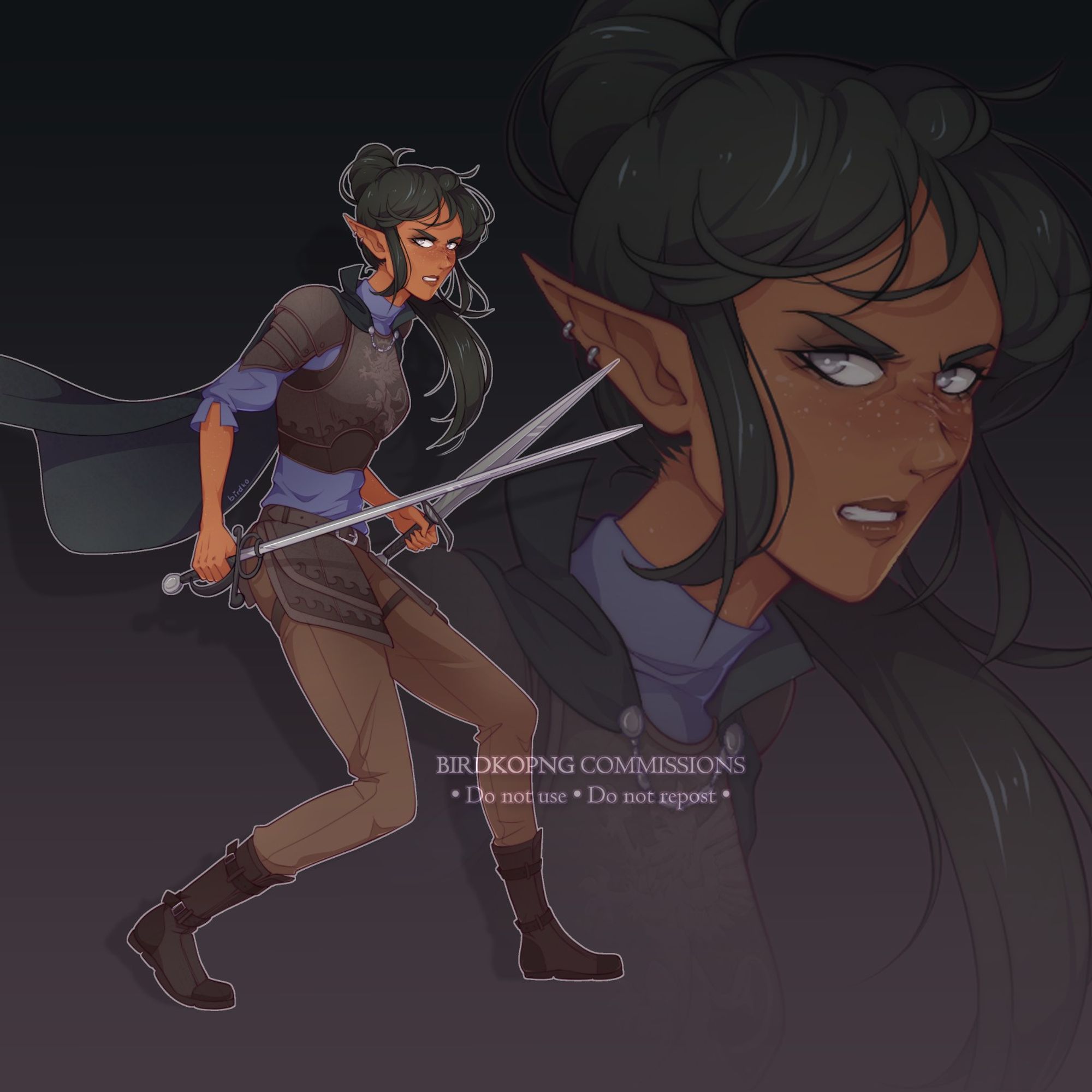 Full colour illustration of Alma, an elven woman with tan skin and black hair tied up in a ponytail. She's readying herself to fight, holding a rapier and a shortsword, and scowls as she looks to the side. She wears leather armour over a blue shirt and a pair of brown pants, and a dark cape billows behind her.