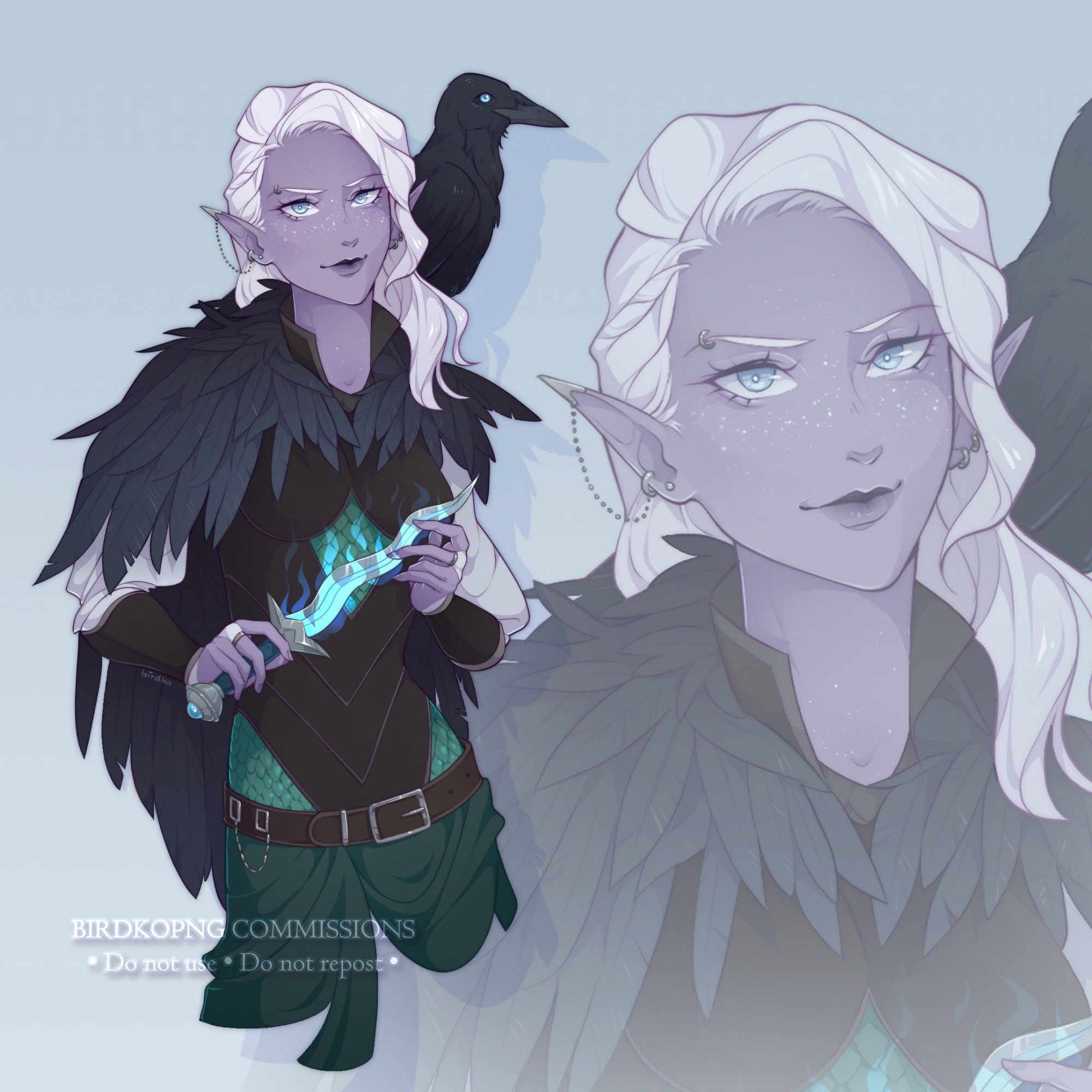 Artwork of Elmyra, a drow with purple skin, wavy white hair, icy blue eyes and white freckles. She's wearing a raven feather cape and black leather armour with green scale inlays, holding a dagger engeloped in blue flames, and has a blue-eyed raven companion perched on her shoulder.