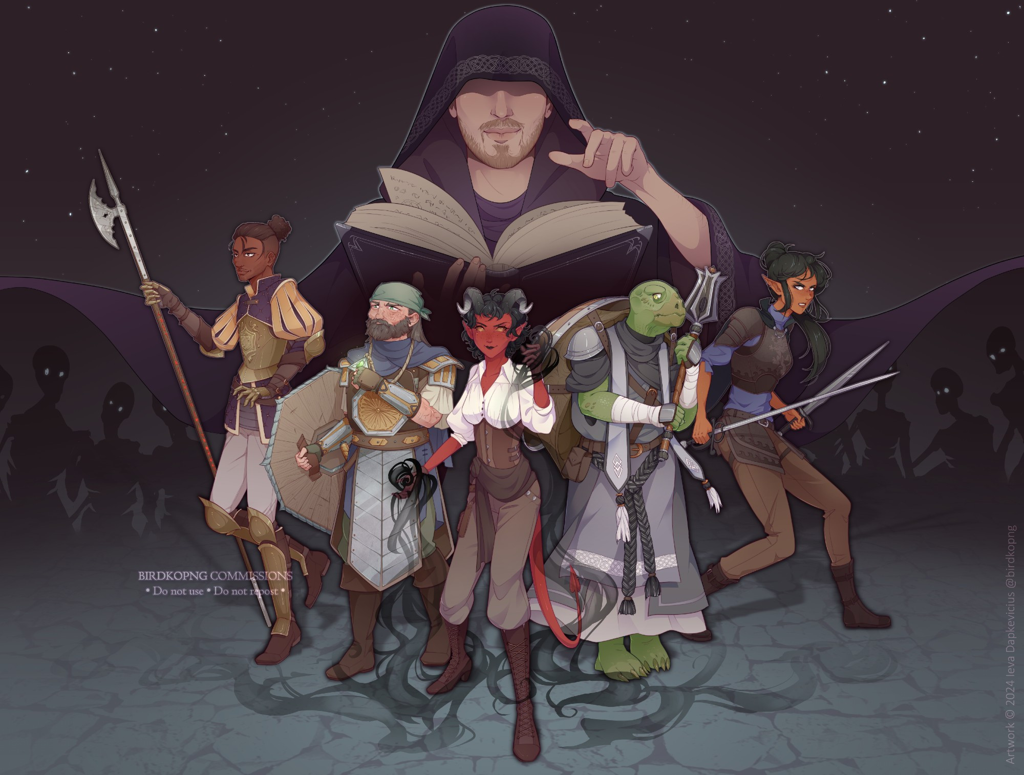 Full colour illustration of an adventuring party standing in V formation, weapons drawn. Behind them, the Dungeon Master looms, holding a grimoire. His billowing cloak surrounds them, and from beneath it the shadows of ghouls with glowing eyes loom closer. The party consists of Ravi, a human paladin holding a halberd; Muirnuir, a dwarf cleric holding a symbol of Dumathoin; Sombre, a tiefling sorcerer manipulating shadows that flow around them; Uppa, a tortle cleric holding a mace; and Alma, an elf swashbuckler holding a rapier and shortsword.