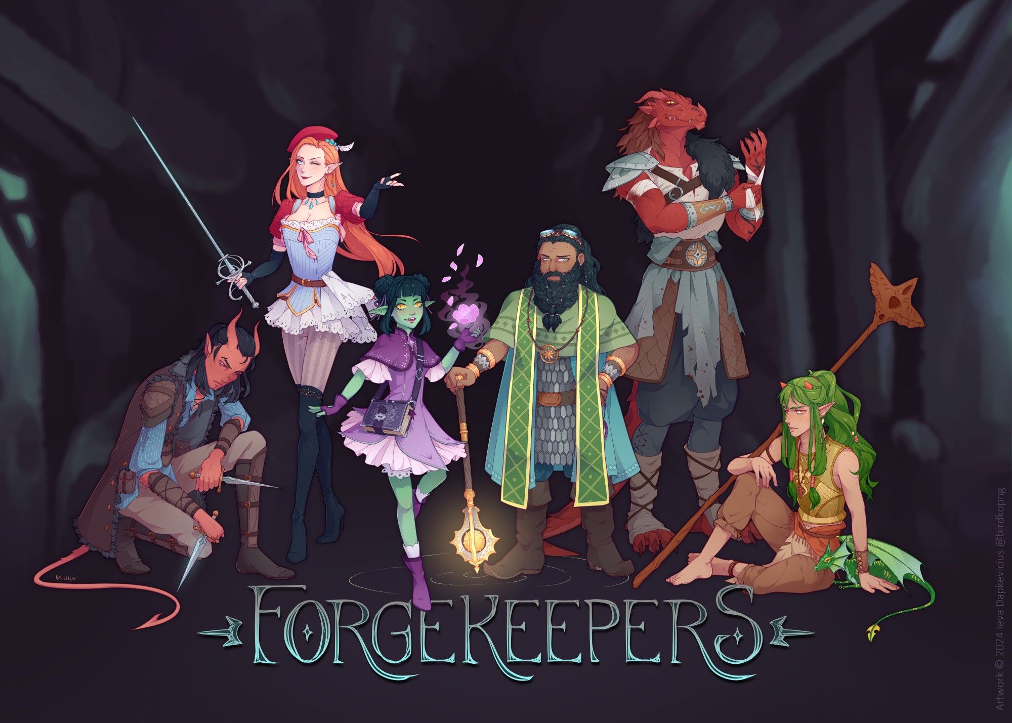 Group artwork of the Forgekeepers, a D&D adventuring party. From left to right: Artem, a tiefling rogue; Alexa, a half-elven bard; Theefsa, a goblin warlock; Dúri, a dwarven cleric; Veldran, a dragonborn fighter; and Addan, an elven druid (with Shakalak, his pseudodragon familiar).