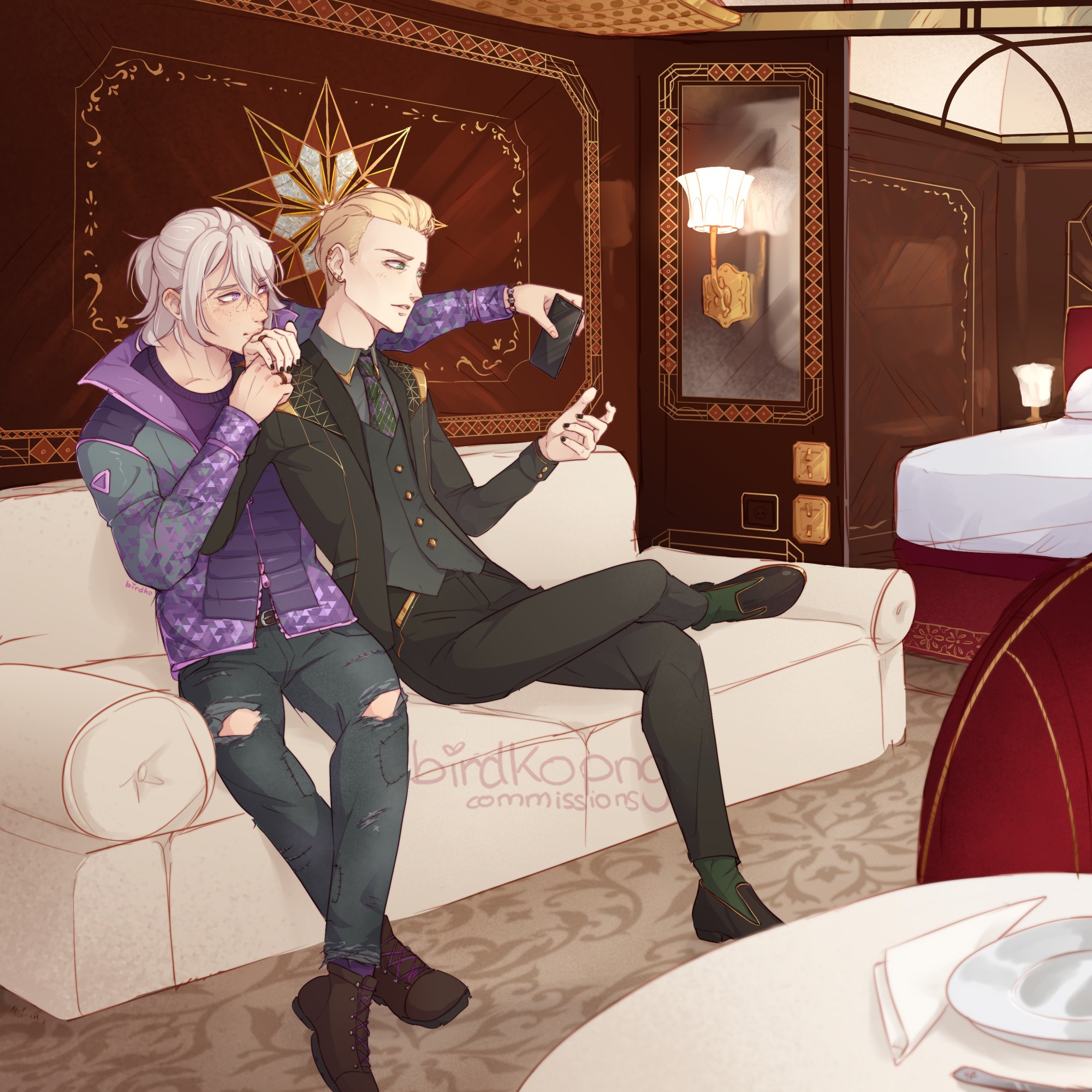 Illustration of a sweet moment between Morgan and Therion. They're sitting in a sofa in a train compartment modelled after the Orient Express, with luxury furnishings and wood panelling and a bed visible in the background and a small table in the foreground. Morgan is dressed in more casual clothing in purple tones, while Ther wears a sharp black suit with geometric gold embellishments. He's leaning on Morgan, who's snatching Ther's smartphone from his hand and kissing his other hand. They wear matching rings on their right hands.