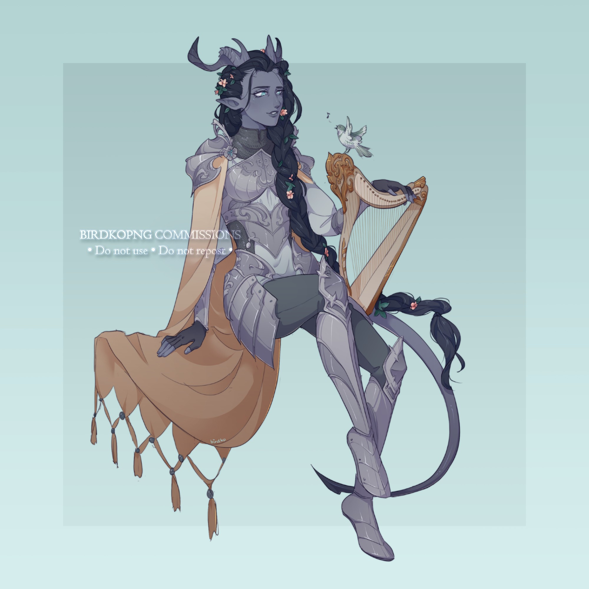 Rendered fullbody sketch of Ingrid, a tiefling woman with steel blue skin and long black hair in a braid. She wears silver plate armour decorated with floral motifs and a pale yellow cape with a fringe trim. She's sitting down with one hand over her gilded ivory harp, on top of which a songbird is perched, singing. She's looking at it with a gentle smile.