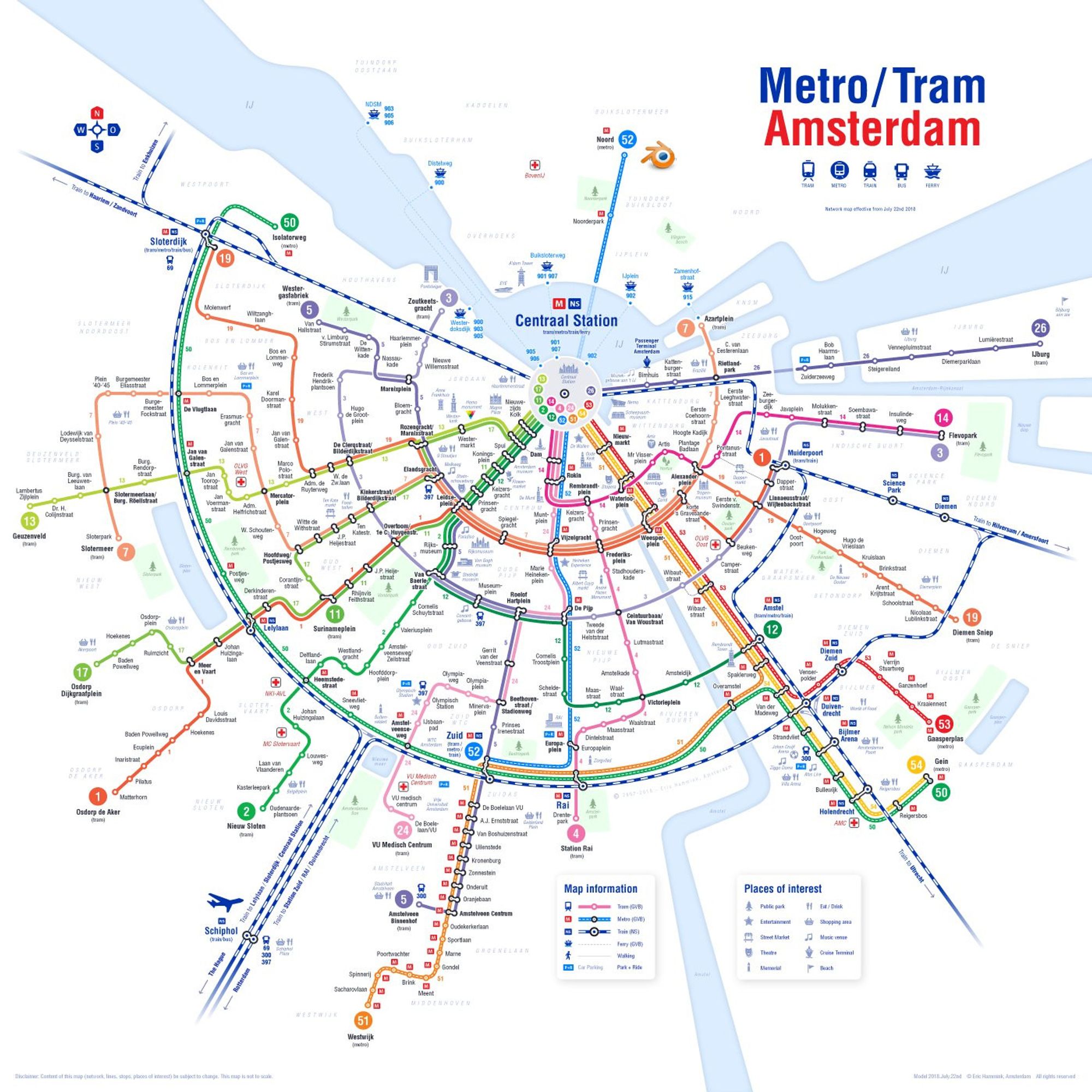 The image shows a tube map of the city of Amsterdam on which all public transport lines run in colourful concentric circles along the canals. The main station appears as the centre or starting point.