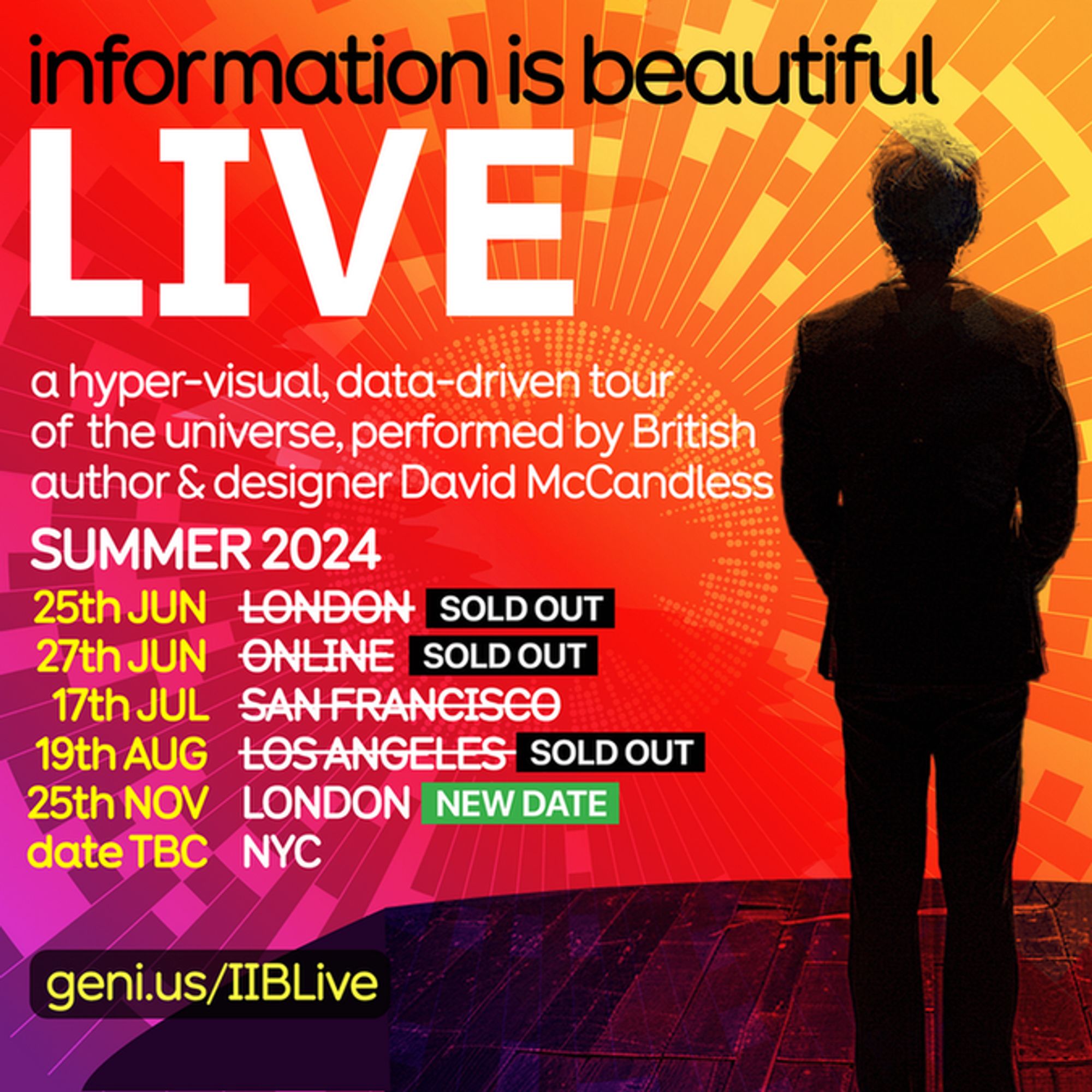 A promotional image for Information is Beautiful LIVE depicts a man on stage presenting data visuals. A list of tour dates reveals several sold out gigs in London, several US cities and online. 