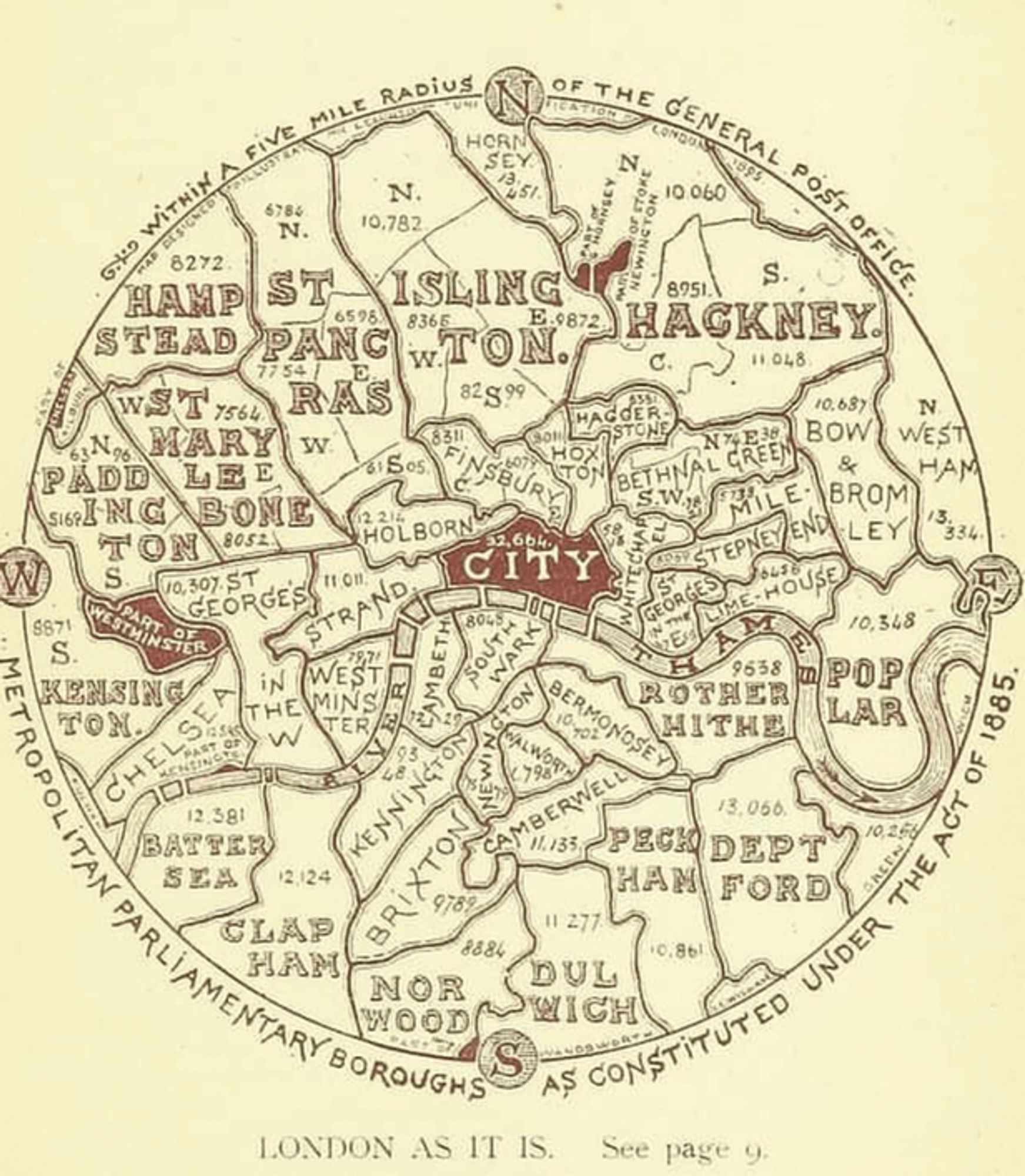 Circular hand-drawn map of London depicts the boroughs in a pleasing, seamless way