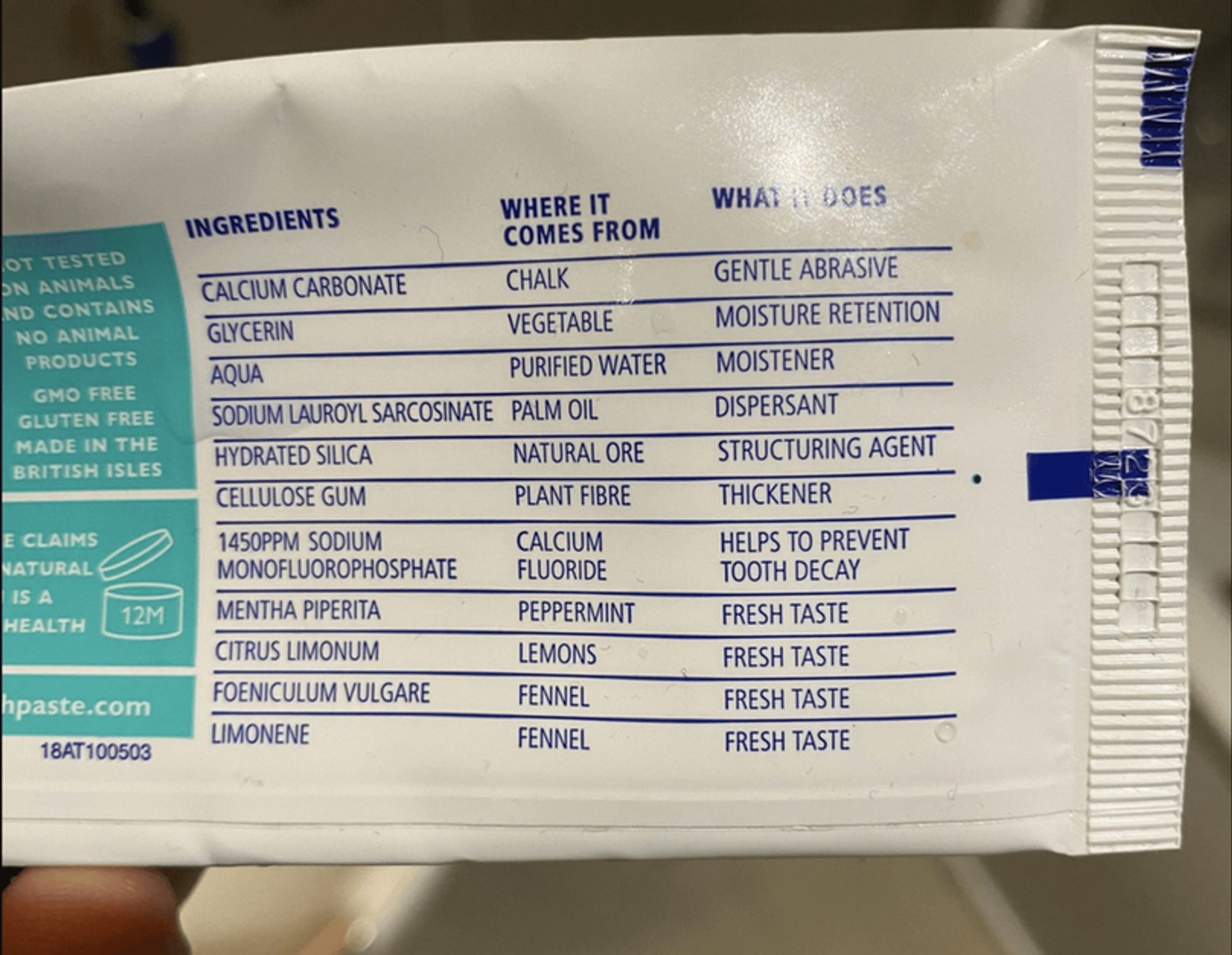 Reverse side of a toothpaste packaging showing a table which lists each ingredient, where it comes from and what it does.