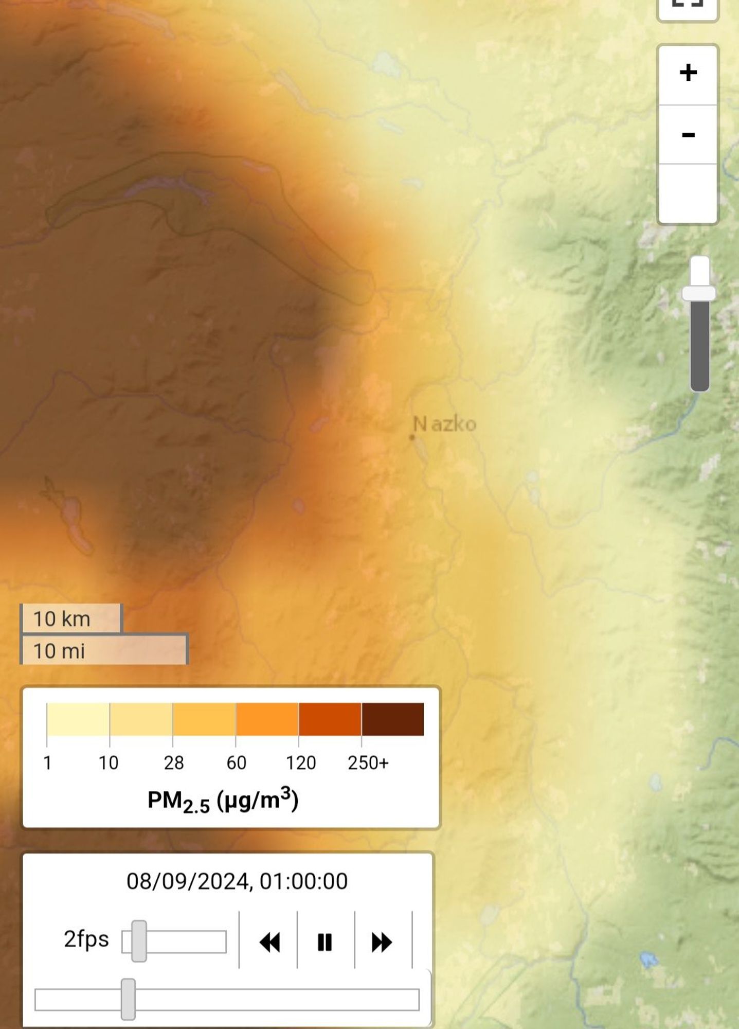 Screen capture showing air quality heat-map of Nazko Valley, British Columbia, where wildfires are currently burning. The meter reads between 60 and 120 PM, which is very high.