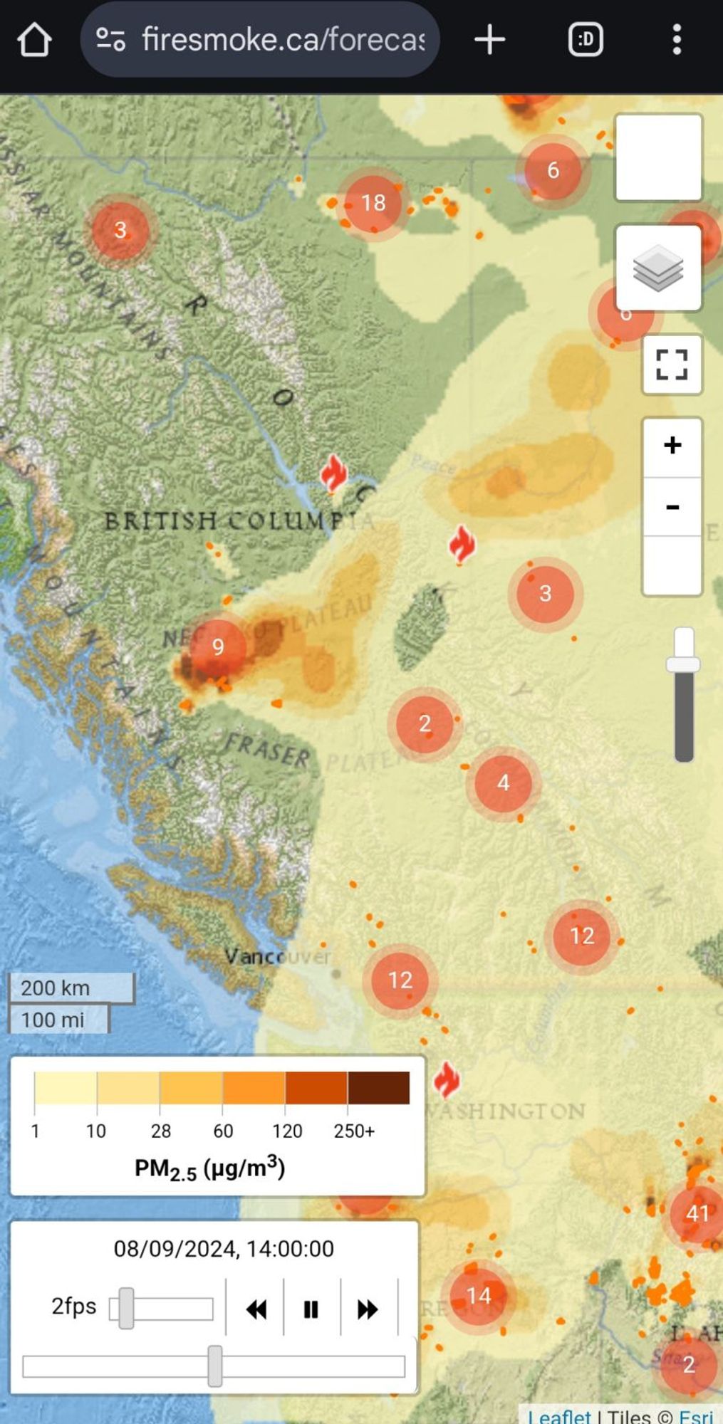 Screen capture showing air quality heat-map in British Columbia, where wildfires are currently burning. Red dots are scattered across the map indicating severe fires burning. Air quality meter reads between 60 and 120 PM.