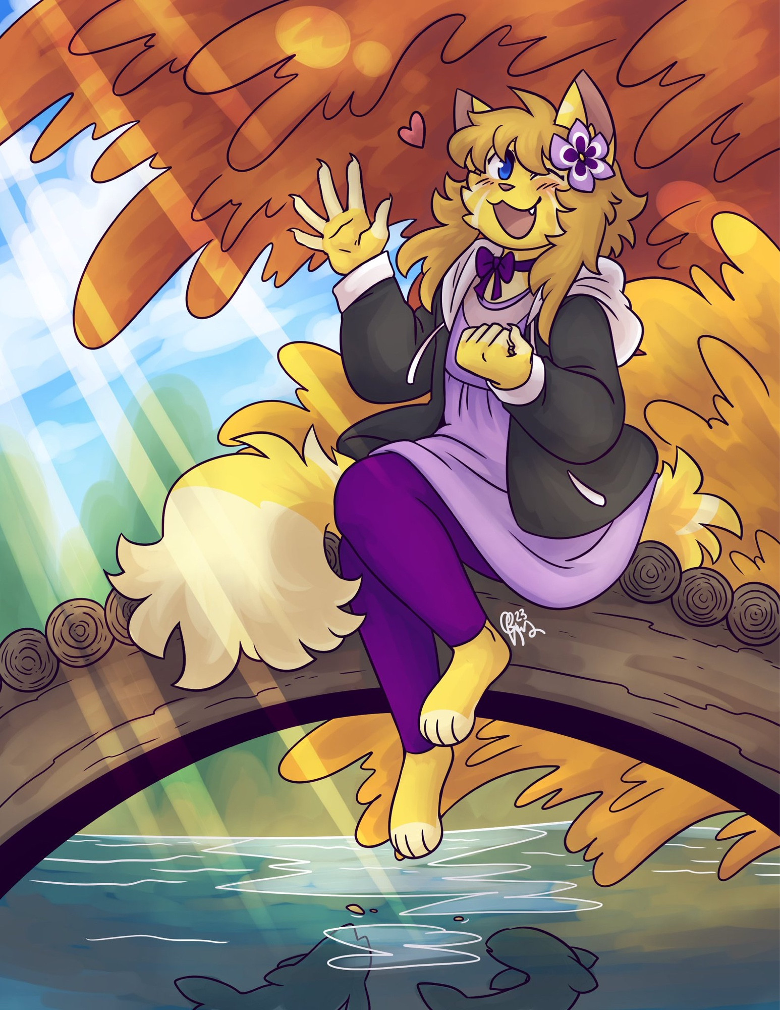 An enby golden cat person in a purple dress and big loose black and white hoodie is sitting on the edge of a wooden bridge and feeding some fish, with an autumnal scenery.