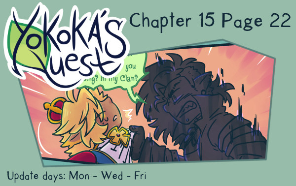 A preview for Yokoka’s Quest chapter 15 page 22. Fahrin is coming out of the shadows and grabbing Primrose by the collar.