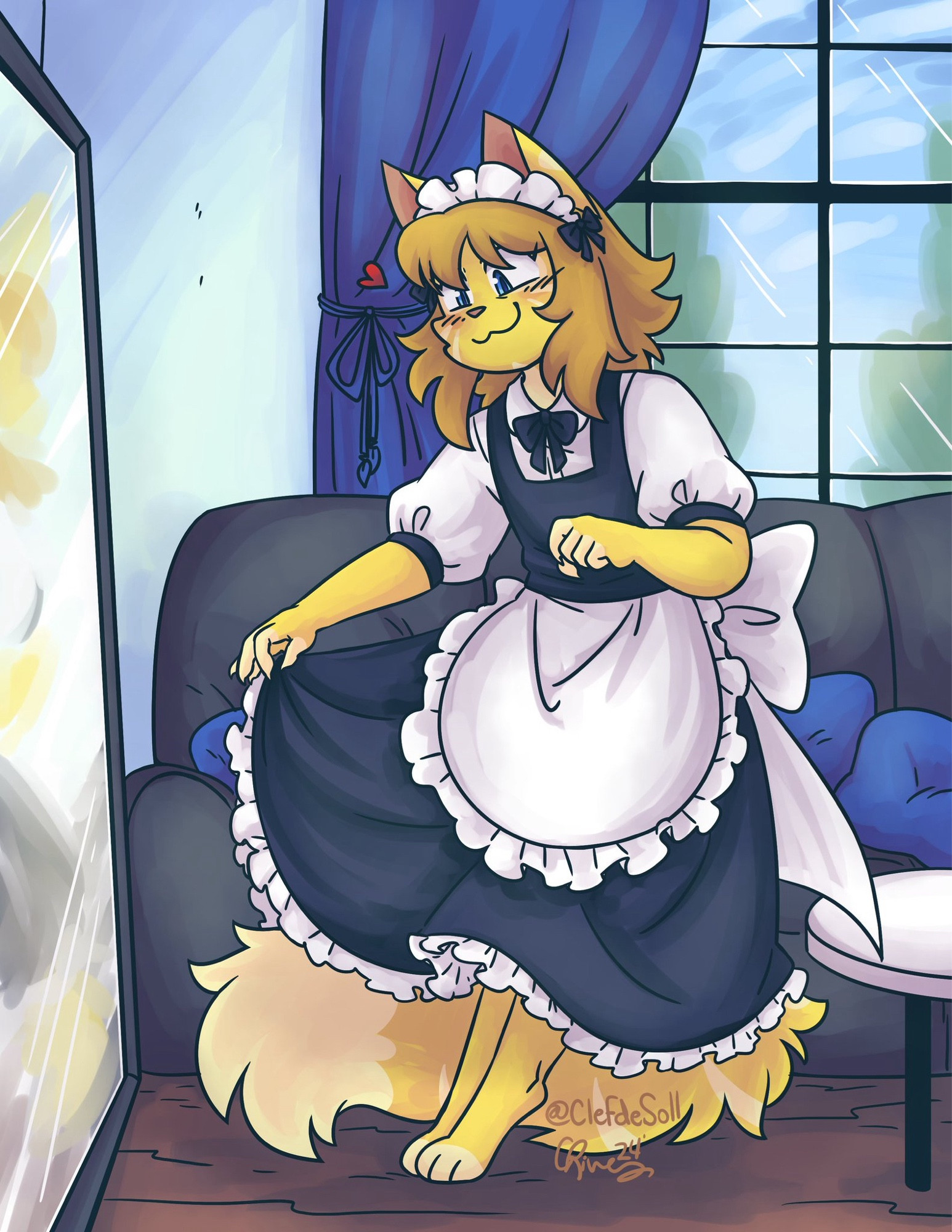 Emura in a maid uniform in front of a mirror.