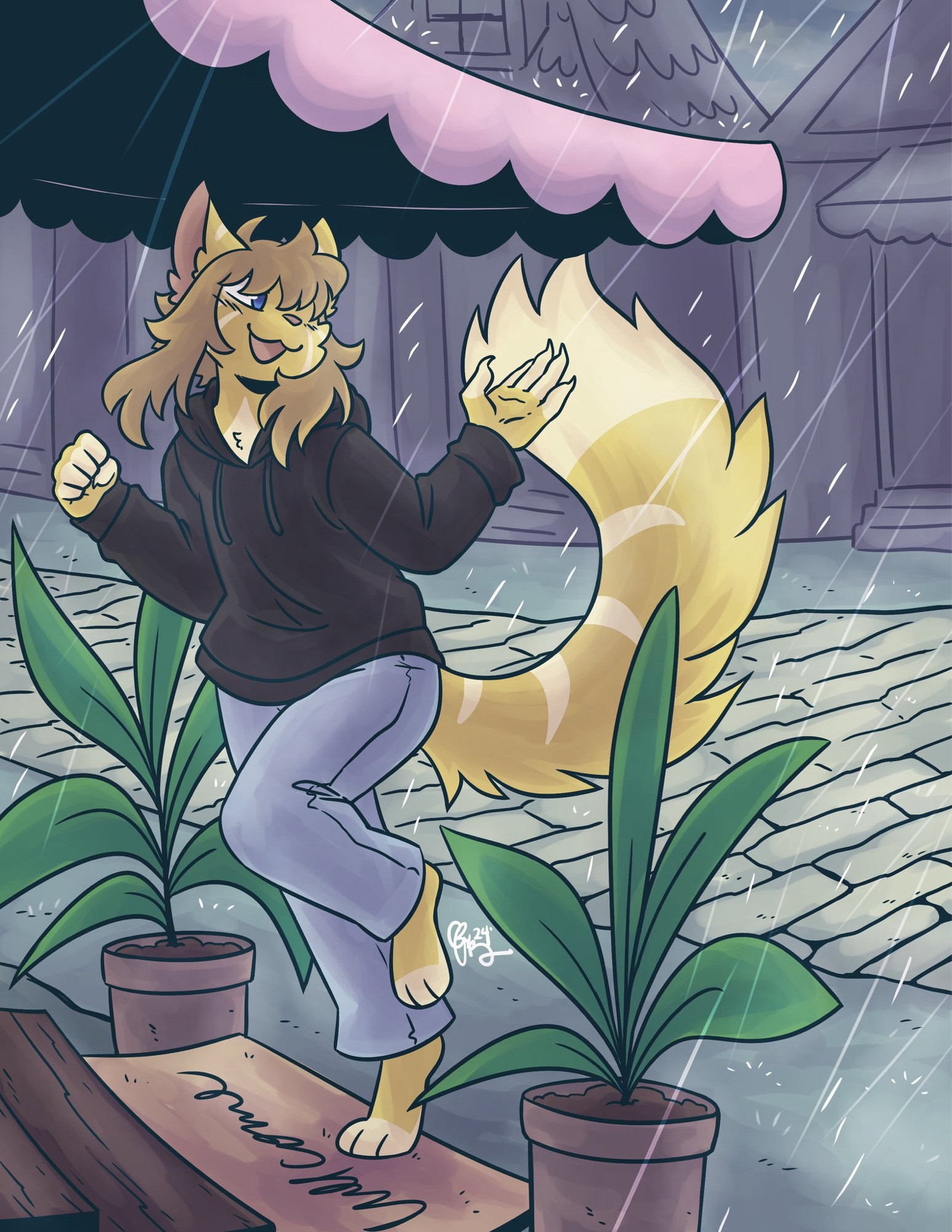 An illustration of Korbray’s character Emura running under shelter from the rain on a street with cobblestone.