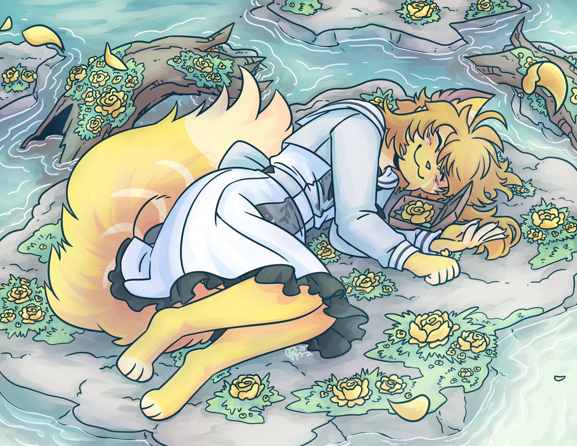 Emura is laying down on the ground with a box containing a yellow rose, surrounded by water and yellow roses