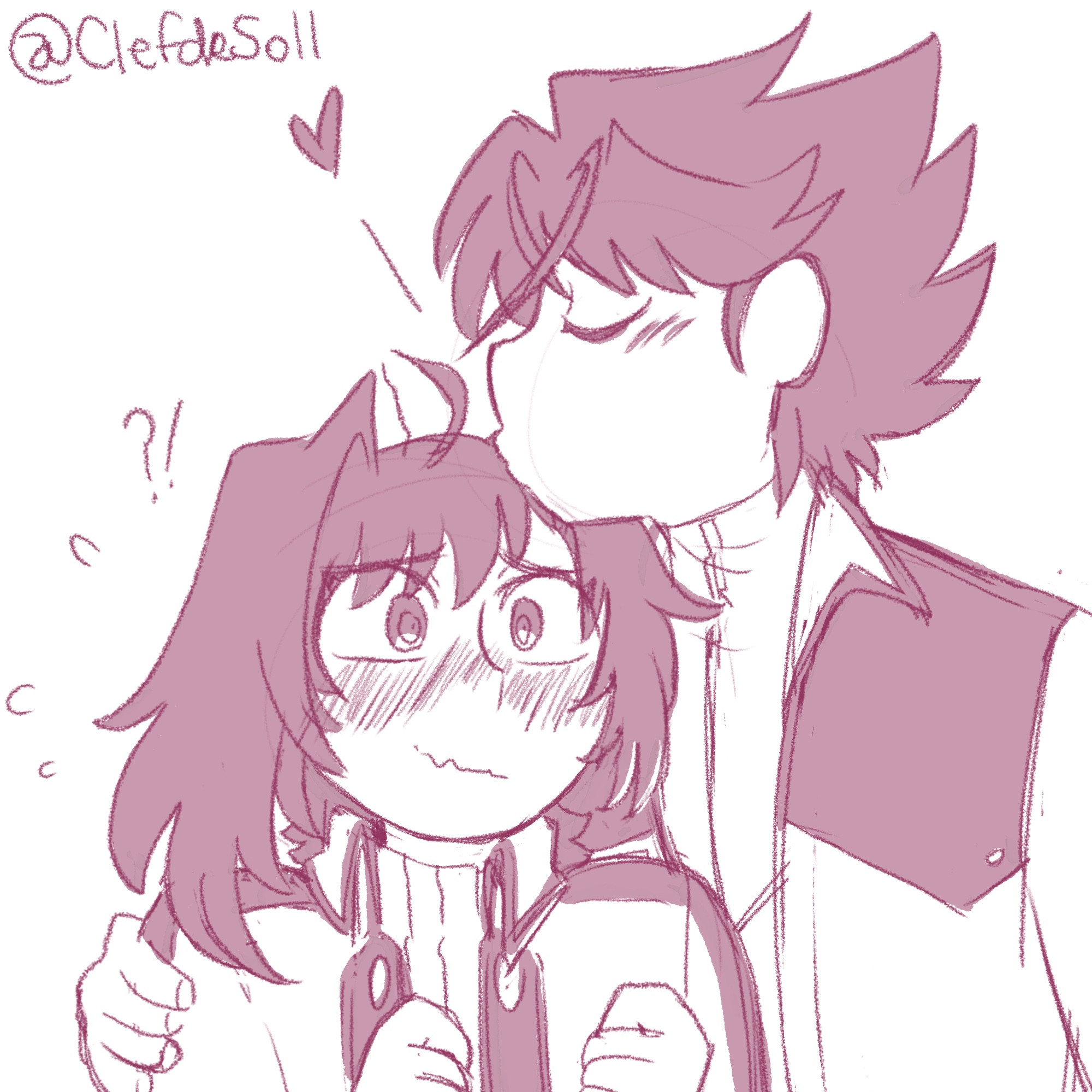 A drawing of toshiki kai from cardfight vanguard kissing aichi sendou’s head, making him flustered