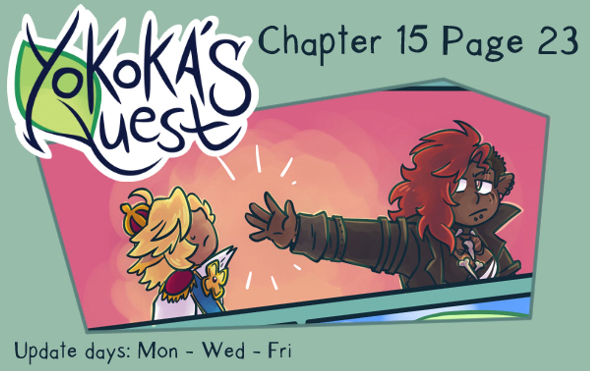 A preview for Yokoka’s Quest chapter 15 page 23. Fahrin lets go of Primrose’s collar.