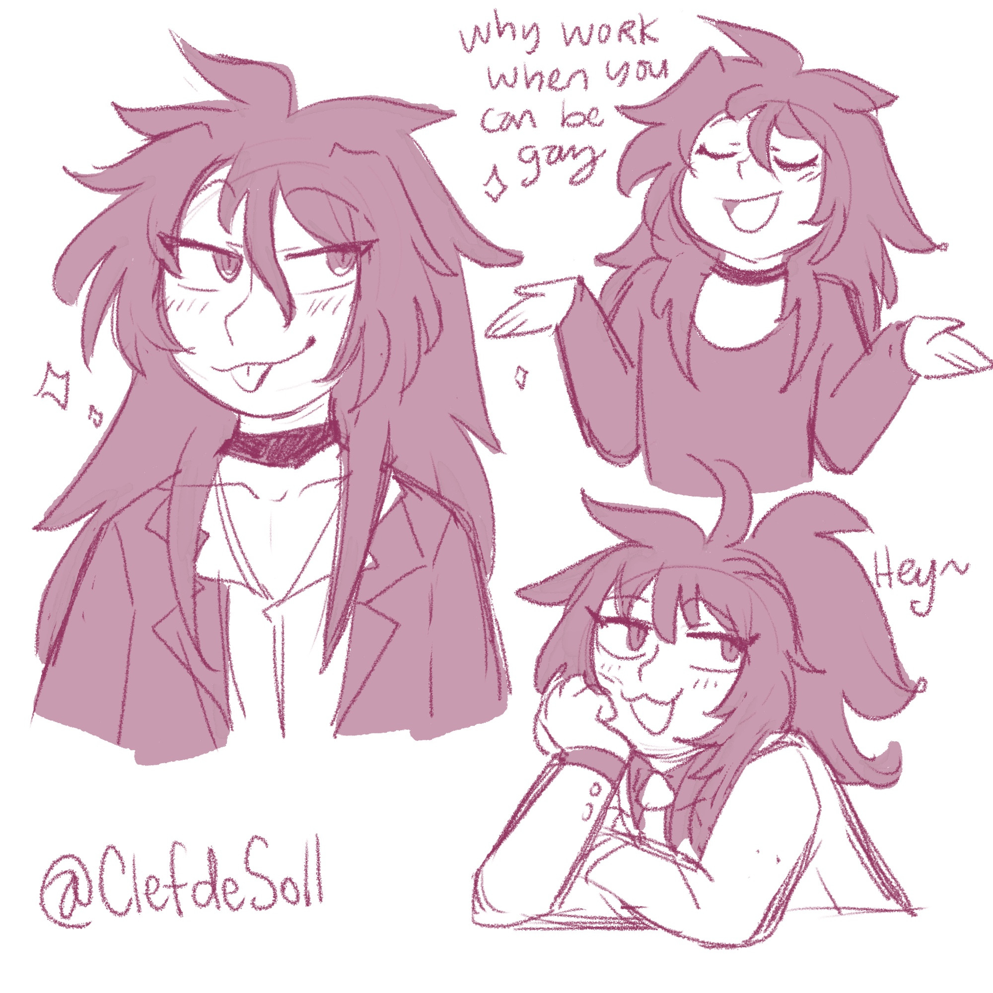 A few doodles of ren suzugamori from cardfight vanguard. A smug expression, one where he says “why work when you can be gay” with his hands up in a shrug, and a flirty one where he says hey~ 