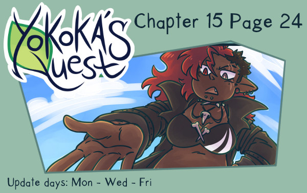 A preview of Yokoka’s Quest chapter 15 page 24. Fahrin has her hand open and forward, with the sky behind her.