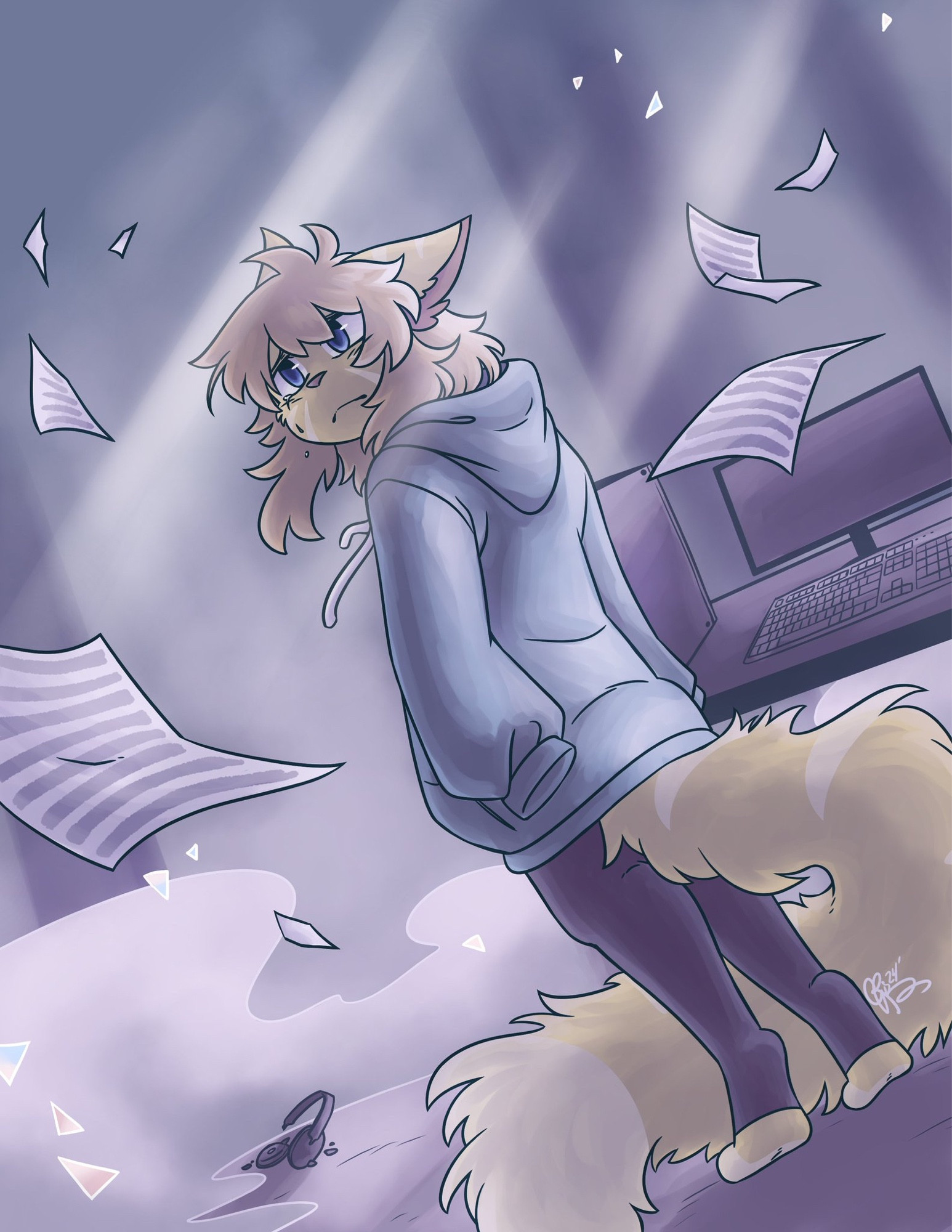 Korbray’s fursona Emura replicating a scene from Project Sekai, they are in a grey toned atmosphere looking somewhat sad and upset with music sheets flying around