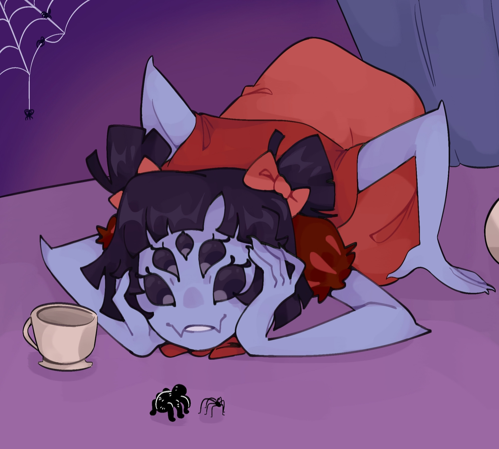 drawing of muffet from undertale laying on the ground looking at two spiders