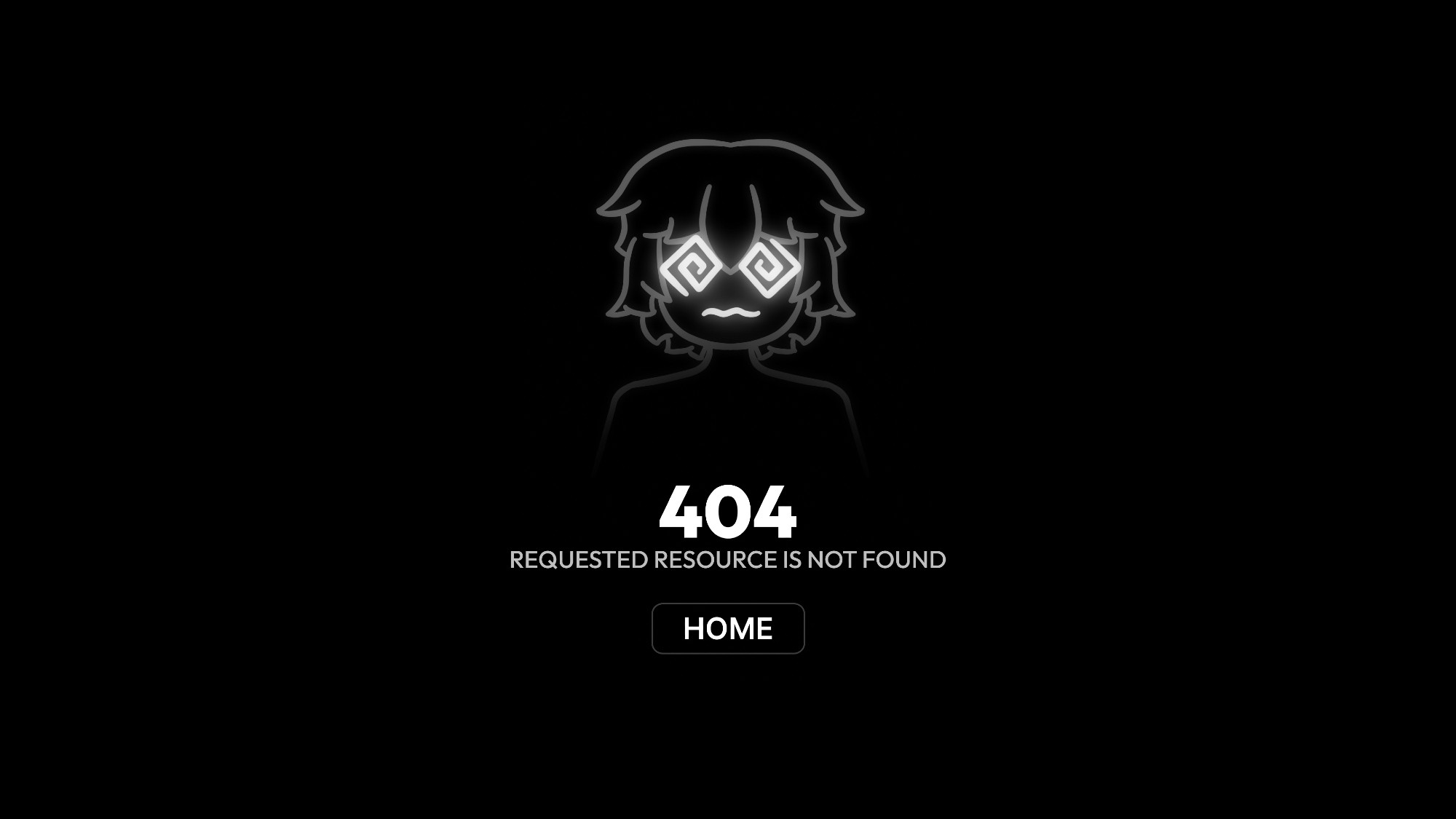 A design concept for a 404 (resource not found) error page. It includes a character with spiral eyes depicting a confused expression. The text below the character is: "404, requested resource is not found". A home button is located bellow the text.