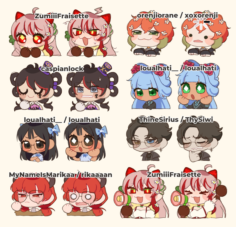 compilation of chibi reactive png commissions featuring the following twitch streamers: zumiiifraisette, xoxorenji, caspianlock, loualhati, thysiwi, and rikaaaan