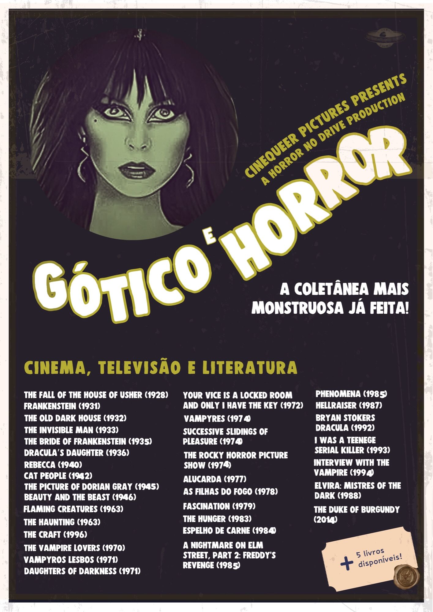 • Pôster da coletânea do cinema queer gótico e de horror, contendo:

• 38 obras (33 filmes e 5 livros)