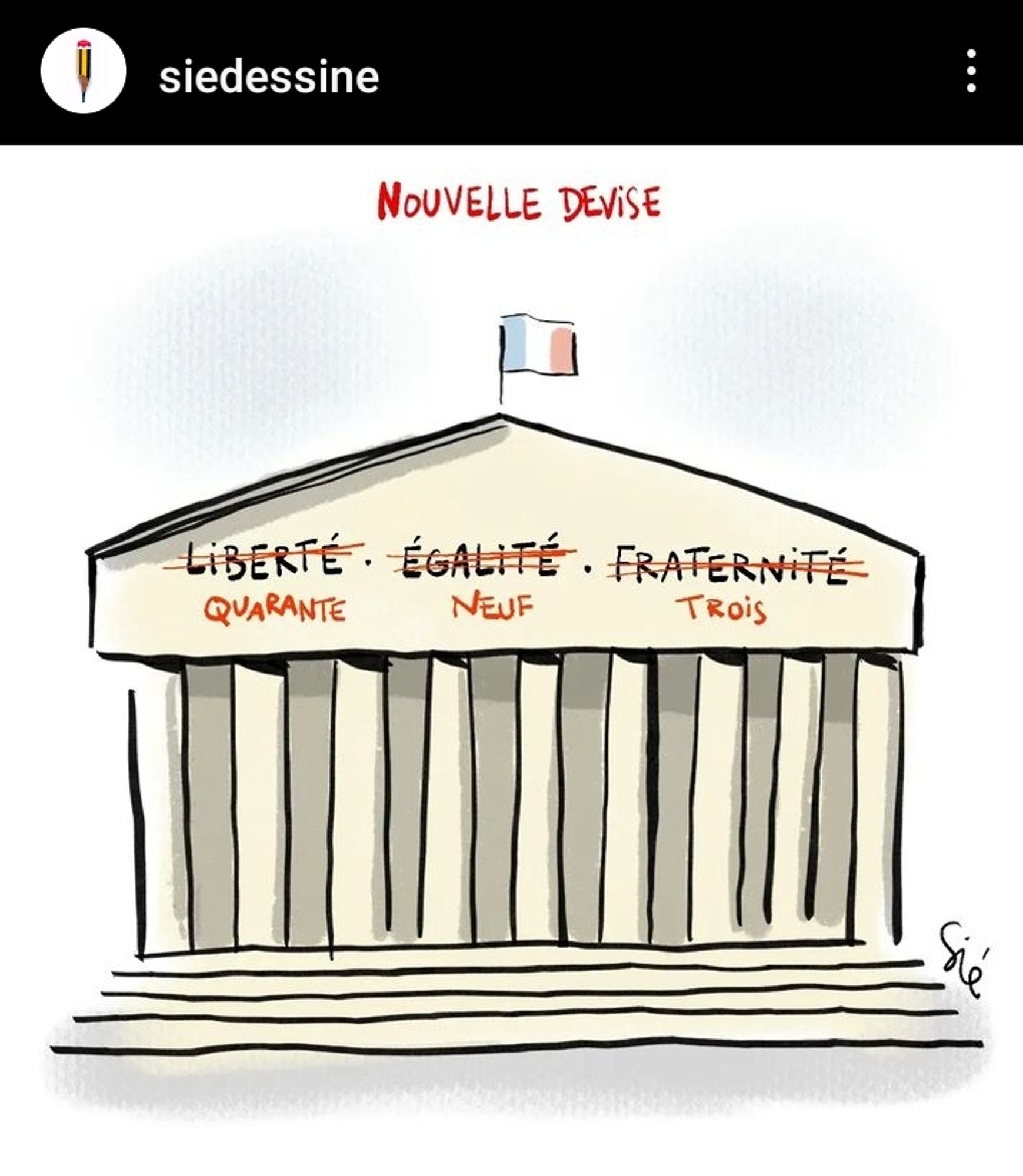 Dessin de l'assemblée nationale
Liberté barrée, remplacée par 49
Égalité barrée, remplacée par 9
Fraternité barrée, remplacée par 3
(Dessin de Sié)