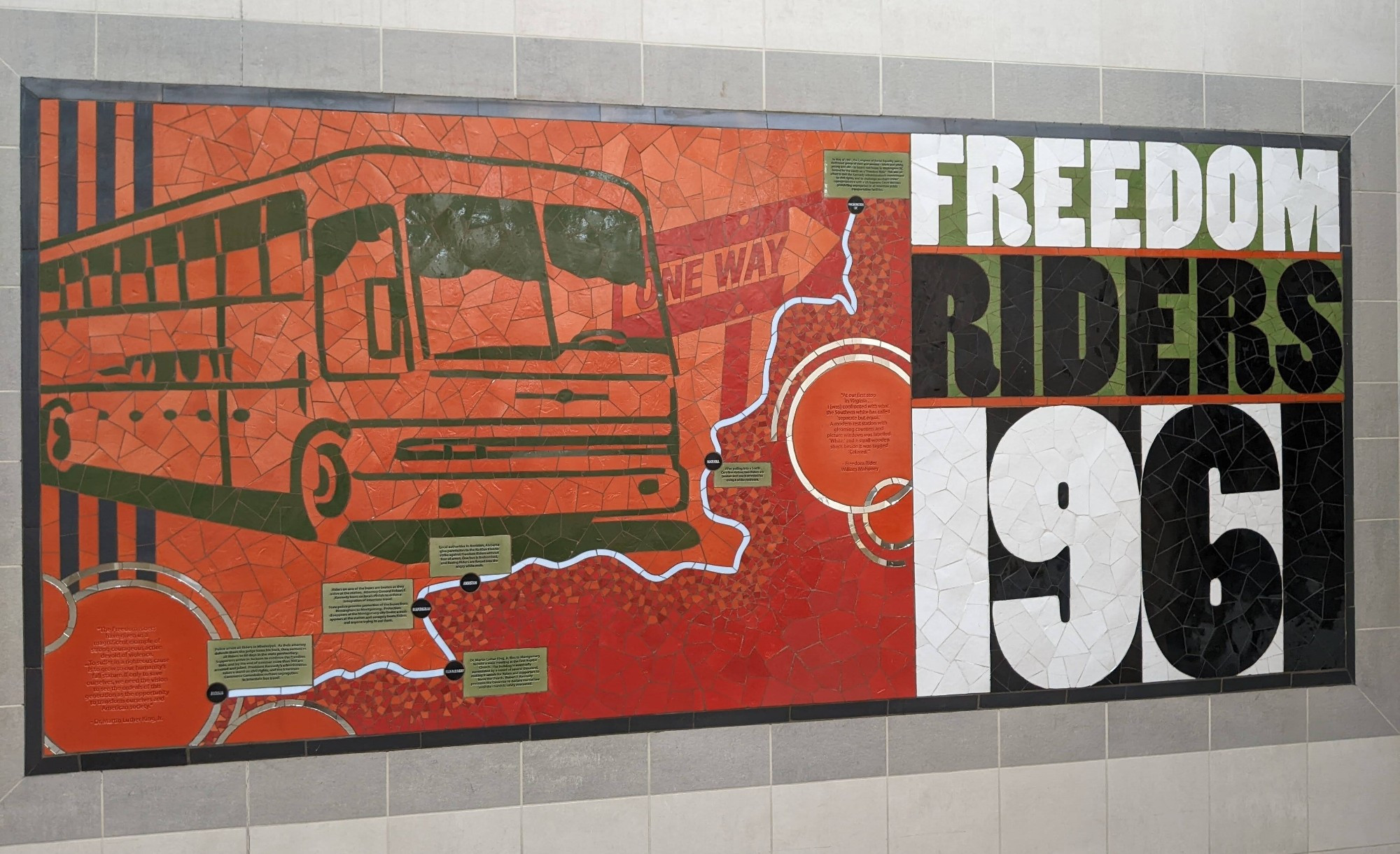 A mural inside the MTA Flint Transit Center commemorating the Freedom Riders of 1961, who worked to desegregate interstate buses in America