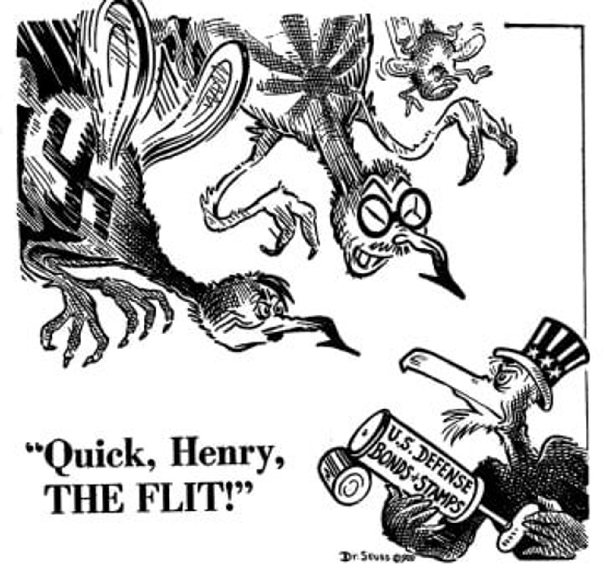 Dr. Seuss WWII cartoon depicting Germany, Japan, and Italy as mosquitos (with the Japanese mosquito a racial caricature) and an eagle dressed as Uncle Sam carrying a canister of bug spray labelled "US Defense Bonds & Stamps"