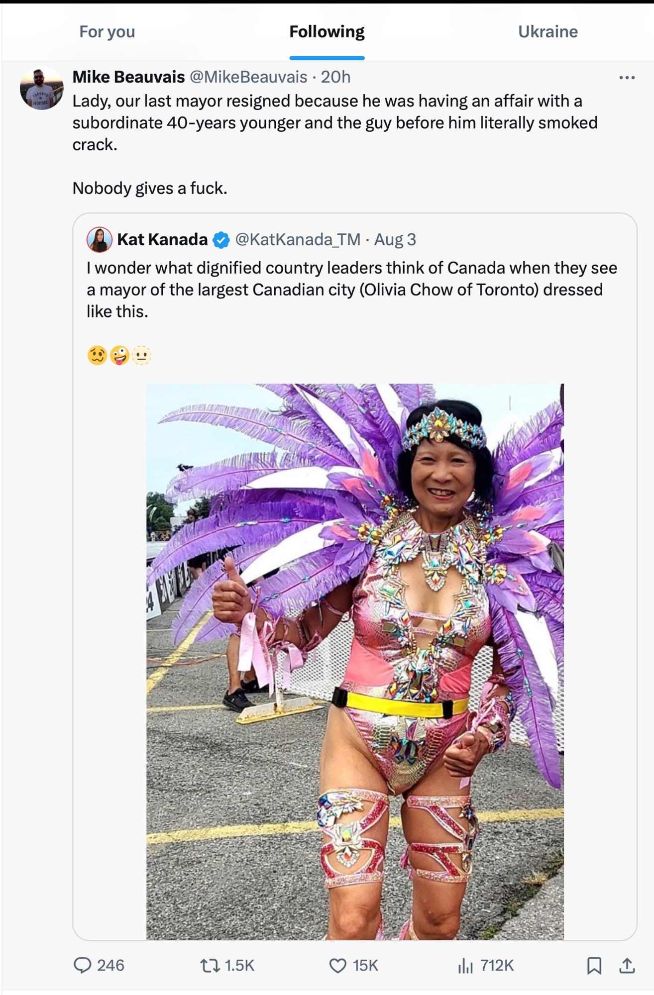 Commenting on how Mayor Chow is dressed at the Caribana Toronto festival, Kat Kanata says: "I wonder what dignified country leaders think of Canada when they see a mayor of the largest Canadian city dressed like this."
Counter point: "Lady, our last mayor resigned because he was having an affair with a subordinate 40-years younger and the guy before him literally smoked crack."