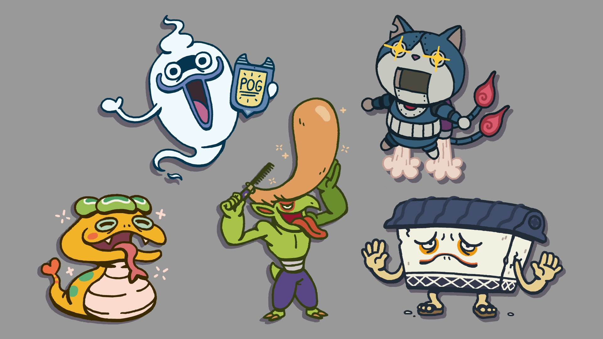 Drawings of Noko, Whisper, Roughraff, Robonyan, and Noway from Yo-kai Watch.