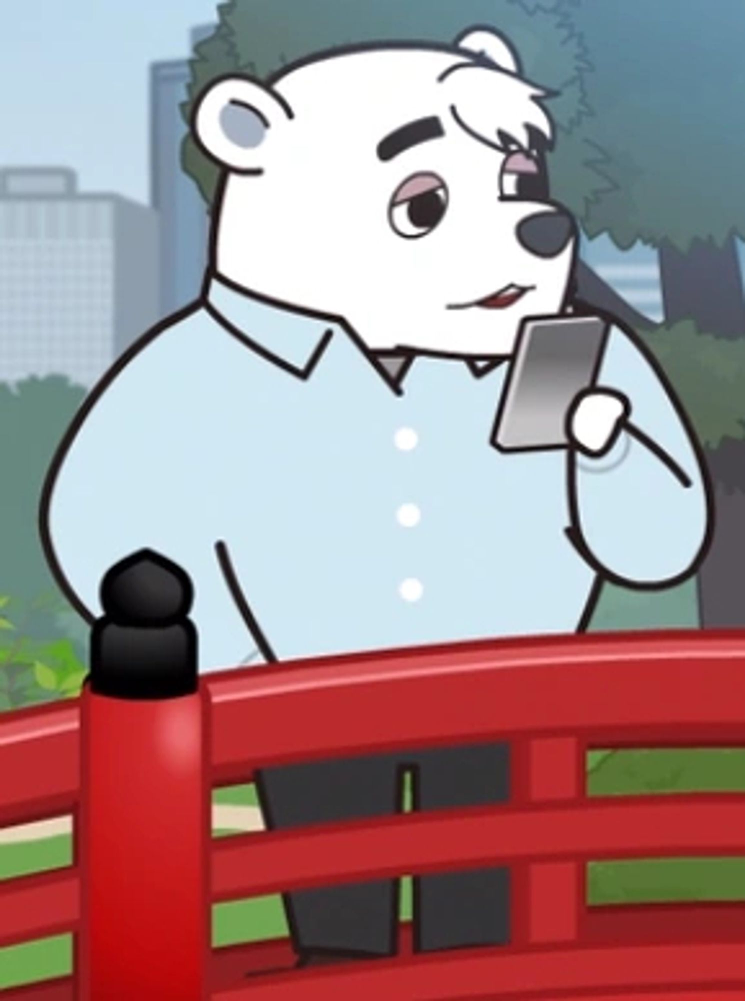 Shirota holding his phone and glancing over at Retsuko while standing on a red bridge.