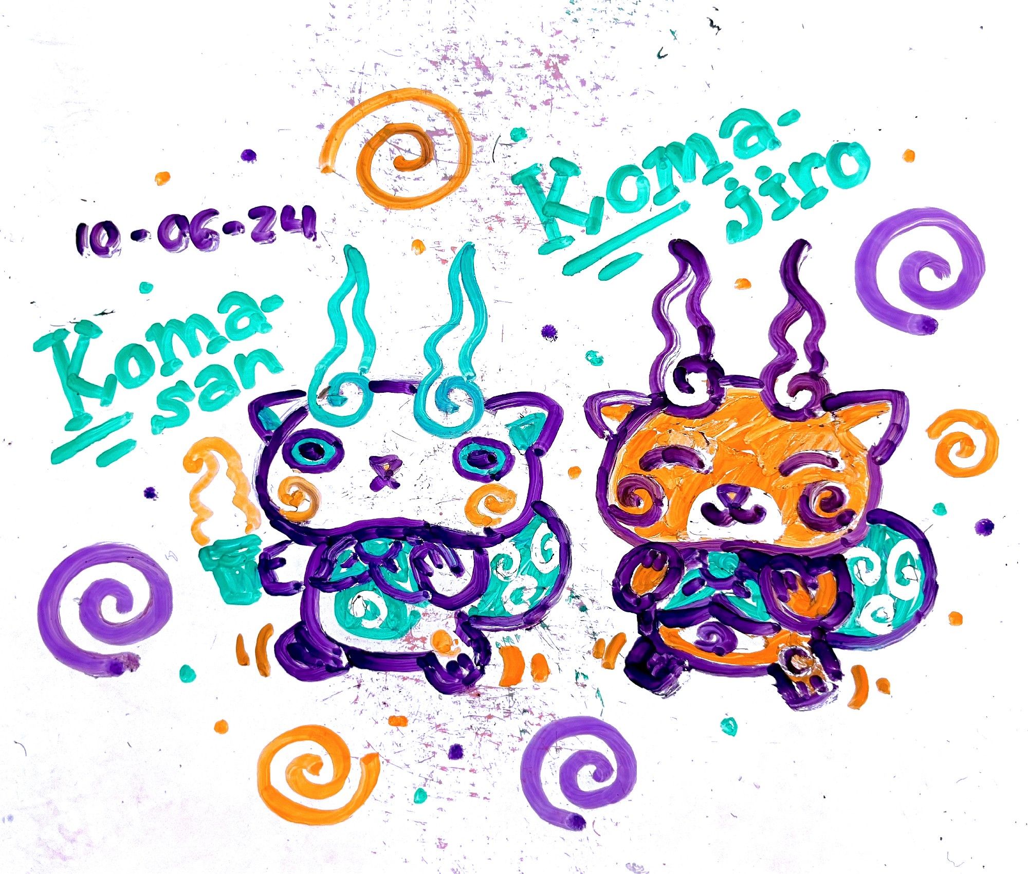 Whiteboard drawing of Komasan and Komajiro from Yo-kai Watch. A pair of cute lion-dog yokai with swirly flaming eyebrows. Komasan has a soft-serve ice cream cone.