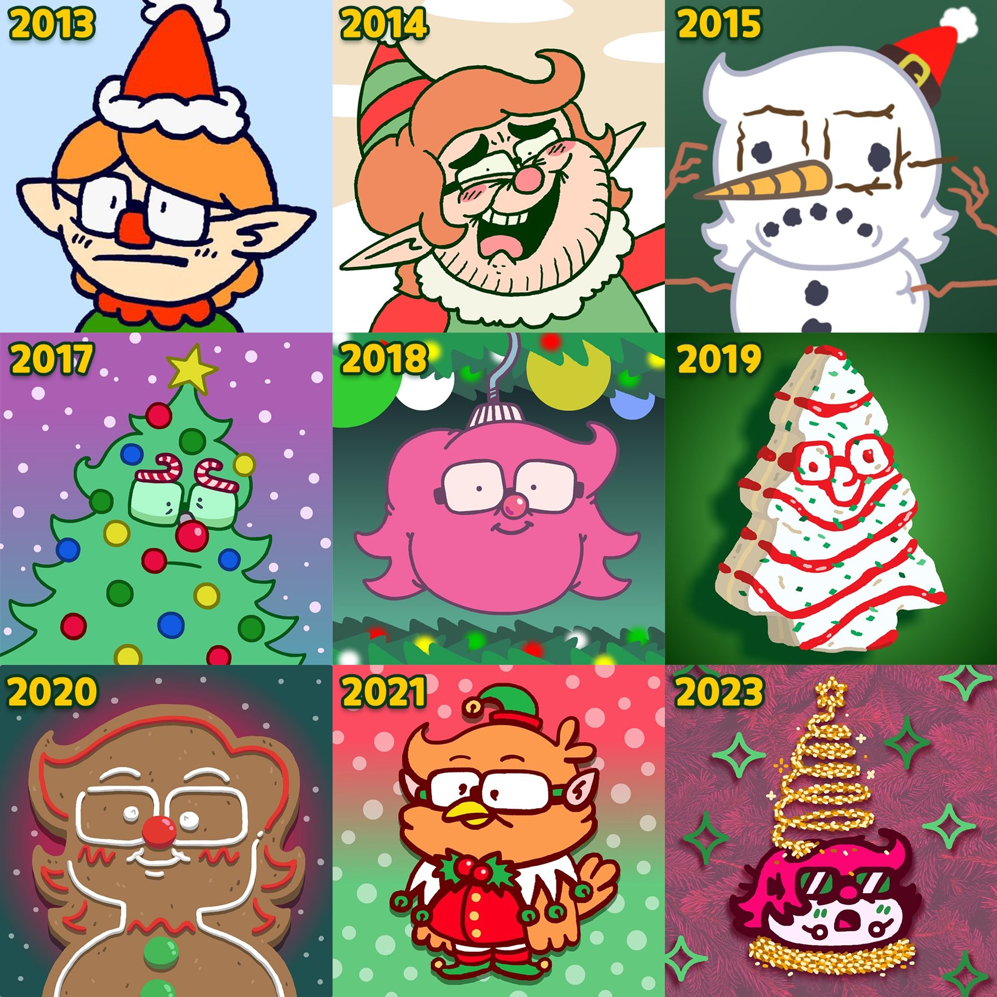 Carl's Christmas profile pictures from 2013 to 2023, including two elves, a snowman, a Christmas tree, an ornament, a Hostess tree cake, a gingerbread man, his Jellysona in an elf costume, and a tiny self-portrait with a glittery tree topper on his head.