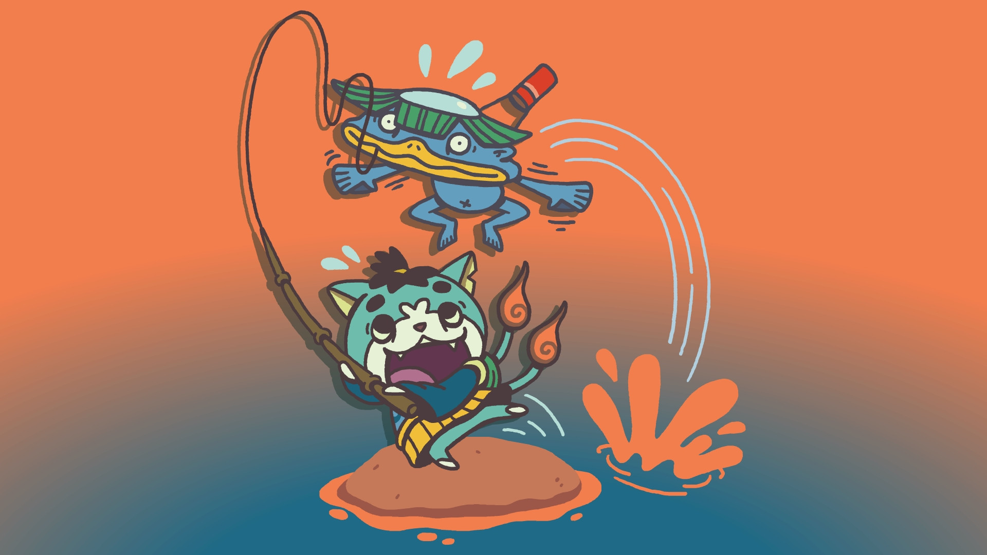 An illustration of Odysseynyan pulling Walkappa out of the water on his fishing pole.