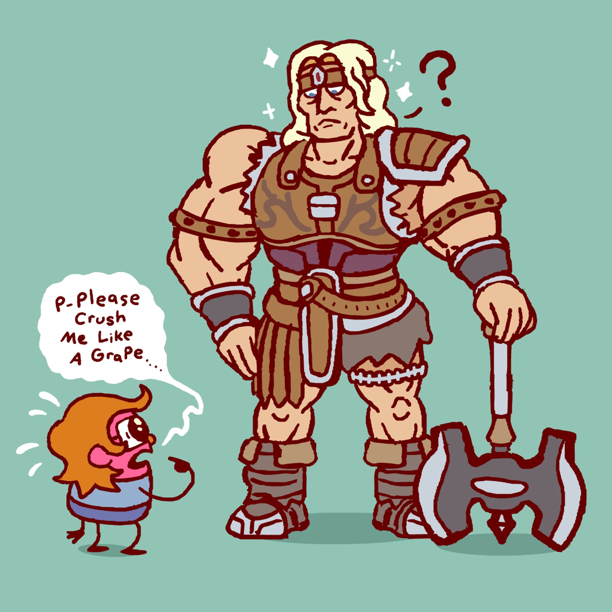 Rough illustration of a small, blushing Carl saying "P-please crush me like a grape..." to the Smash Bros version of Simon Belmont, who stares down with a blank expression with a question mark by his head.