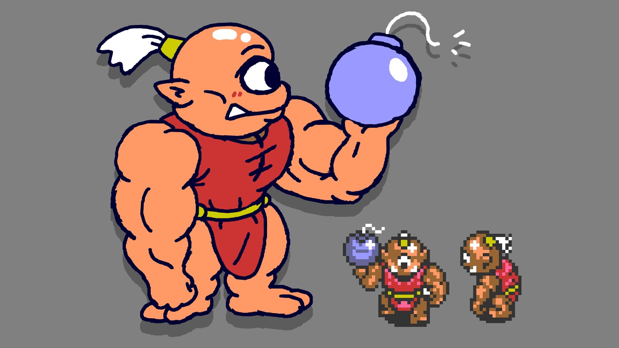 Doodle of the Hinox enemy from Legend of Zelda: Link to the Past, a muscular orange cyclops, drawn in a cuter style than the game's original sprites, shown in the corner for comparison.